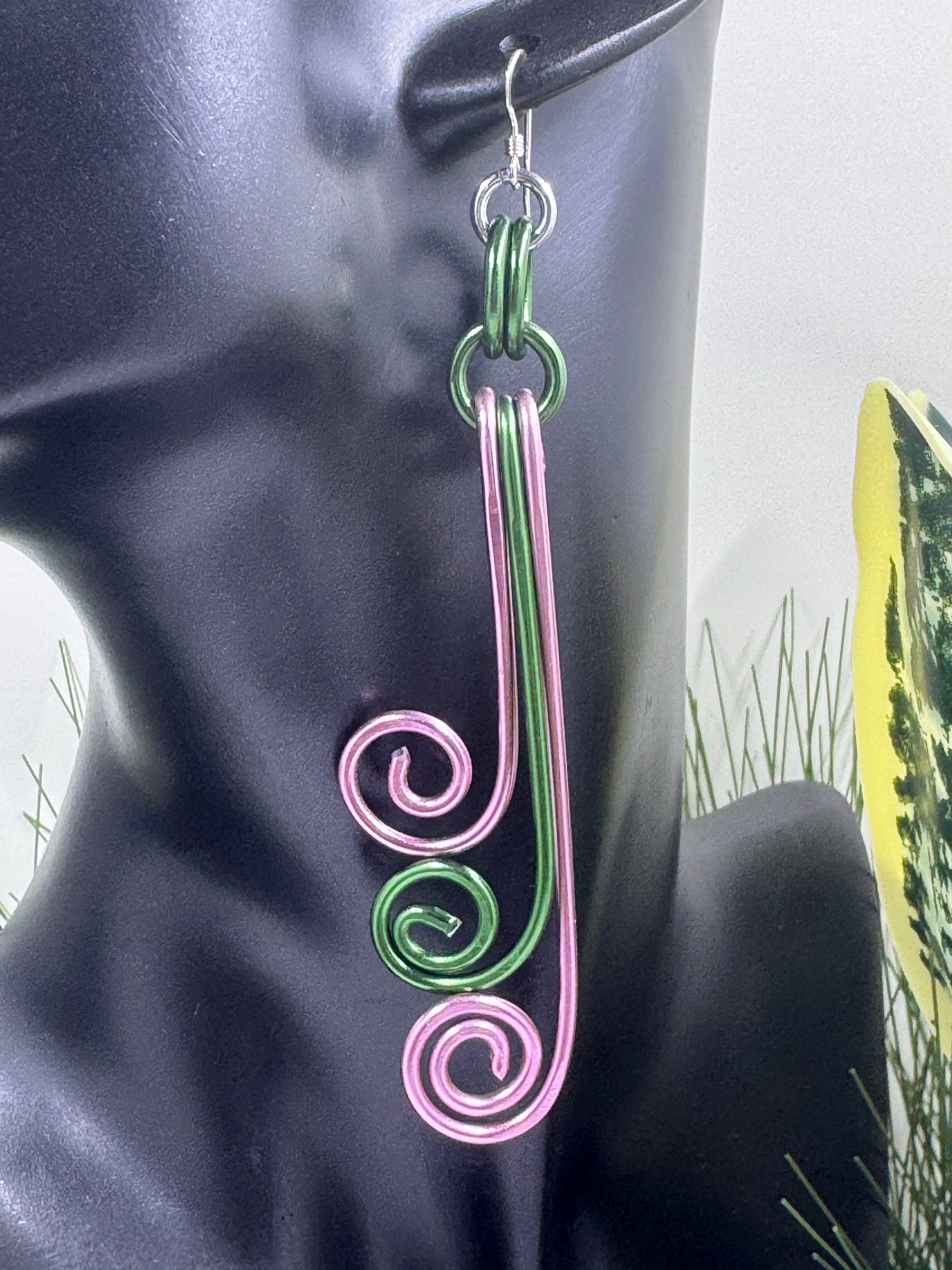 AKA Sorority Inspired Pink and Green Spiral Wire Earrings