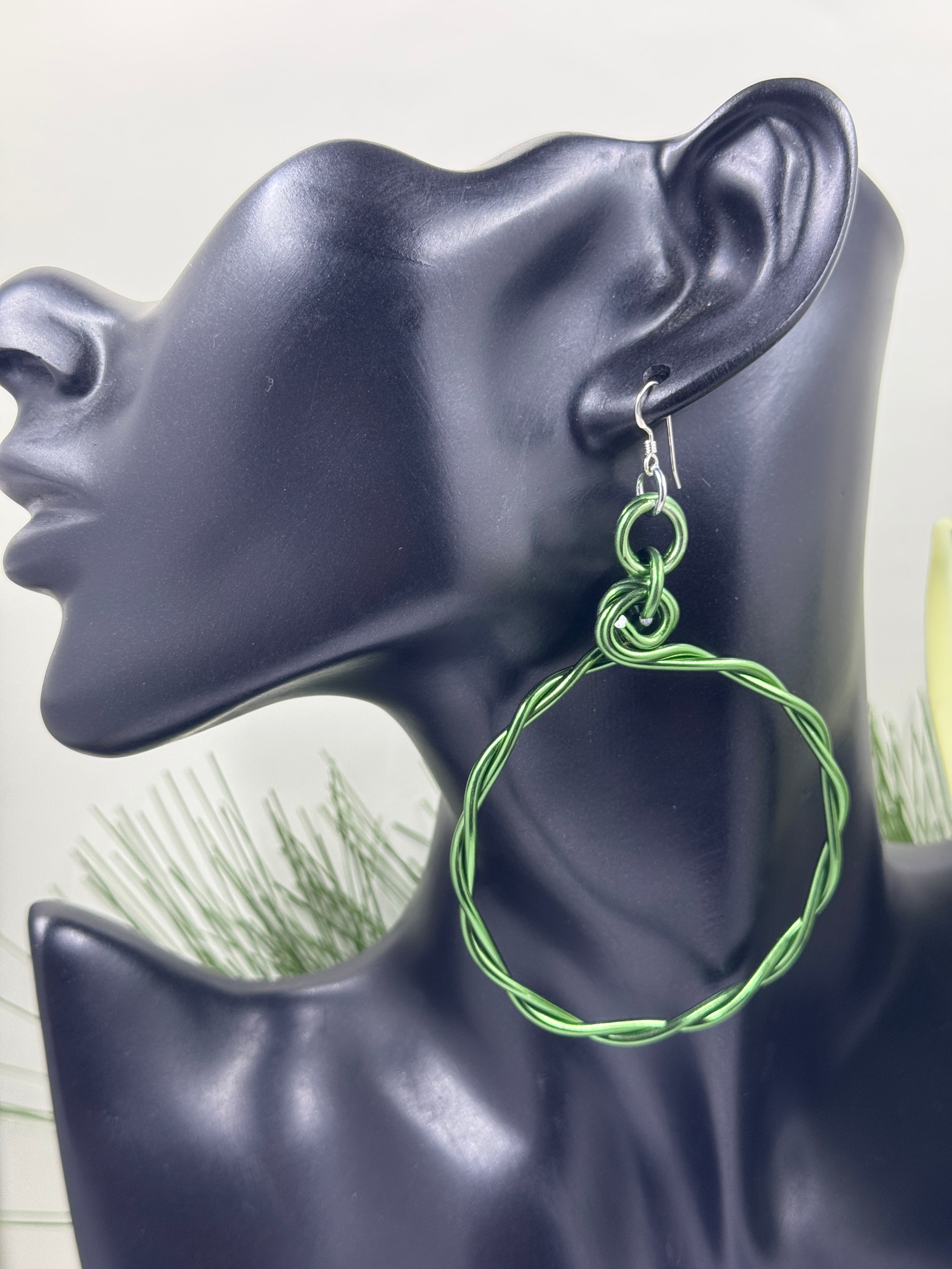 Green Twisted Aluminum Hoop Earrings with Sterling Silver Ear Wire