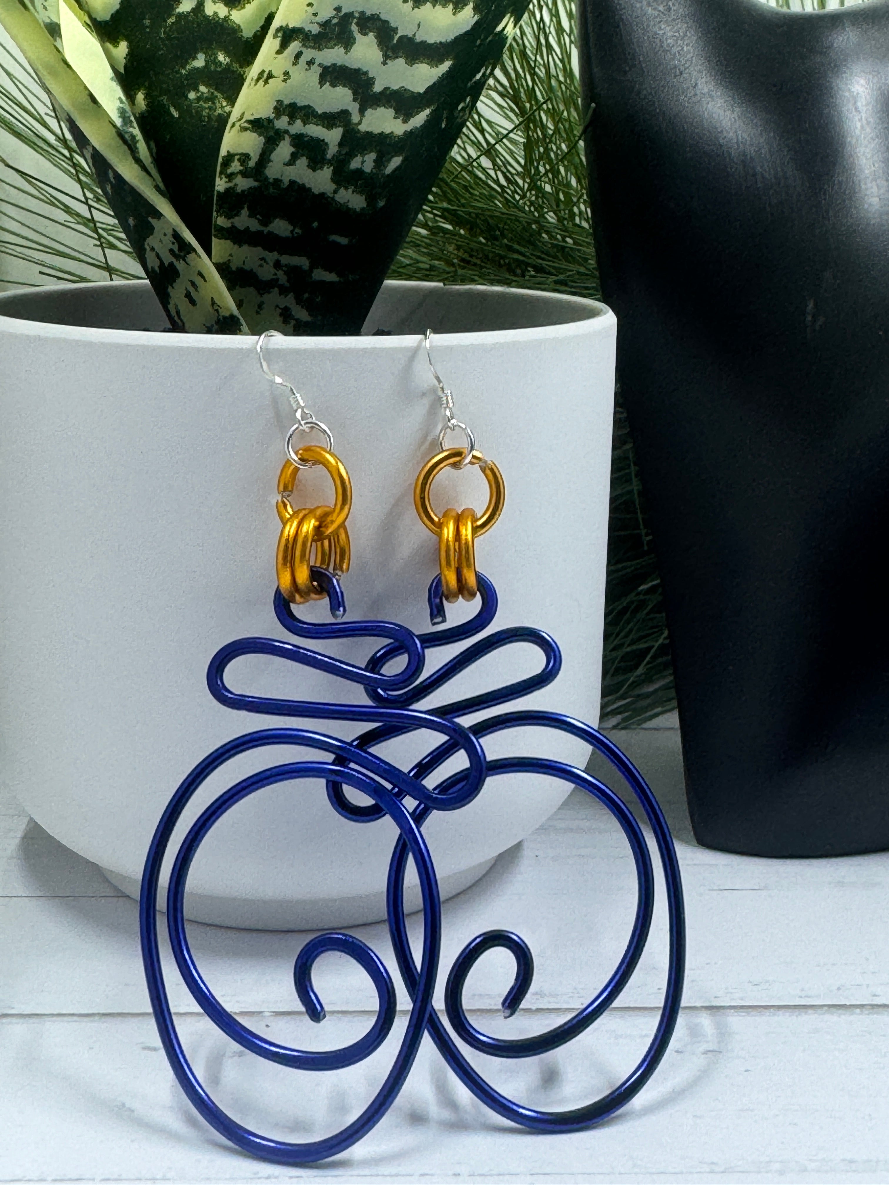 Abstract Blue and Gold Wire Earrings with Sterling Silver Ear Wire