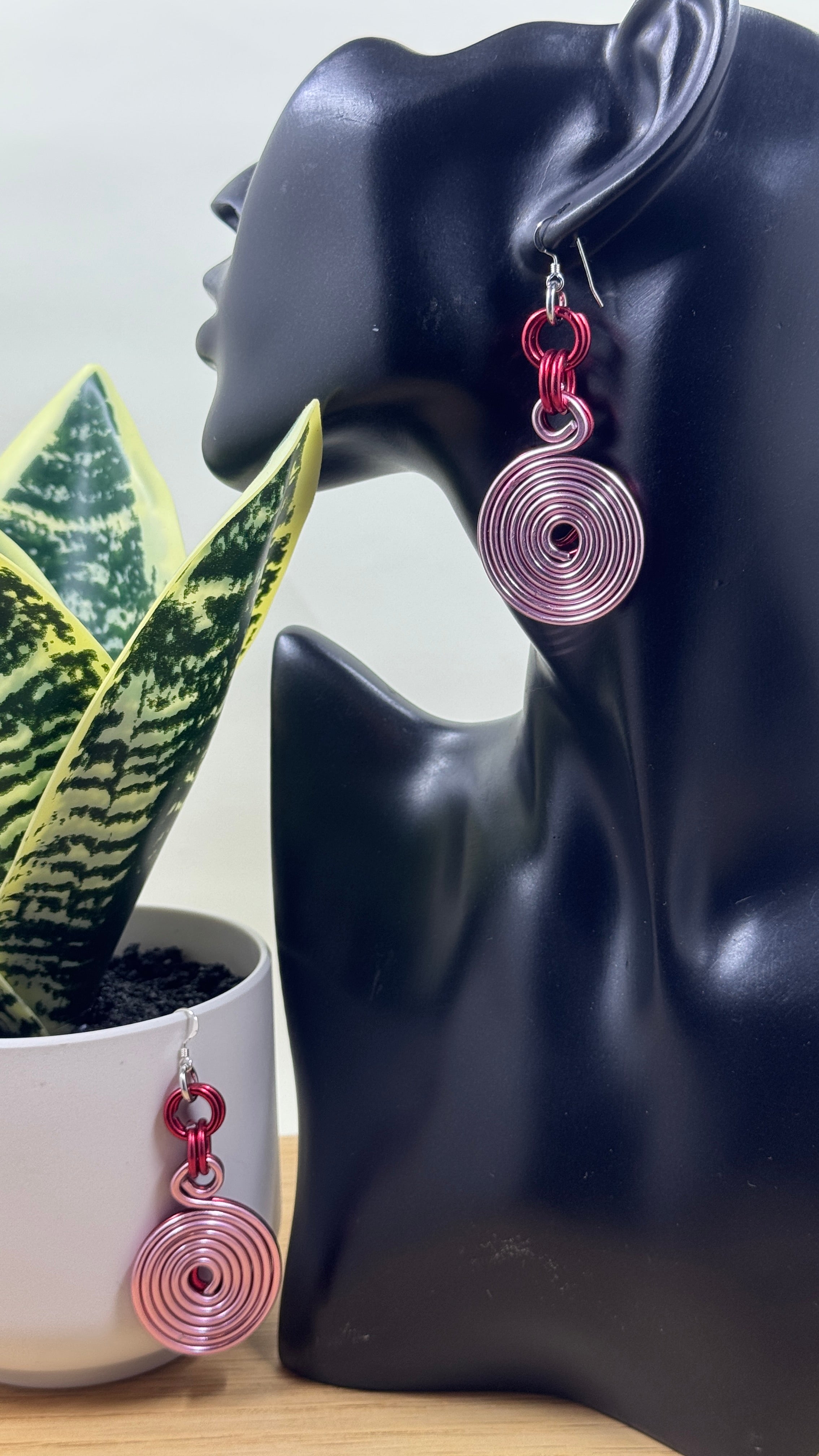 Pink and Red Double Disk Earrings with Sterling Silver Ear Wires