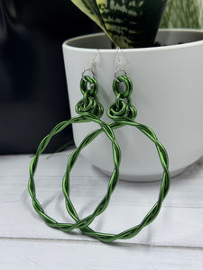 Green Twisted Aluminum Hoop Earrings with Sterling Silver Ear Wire