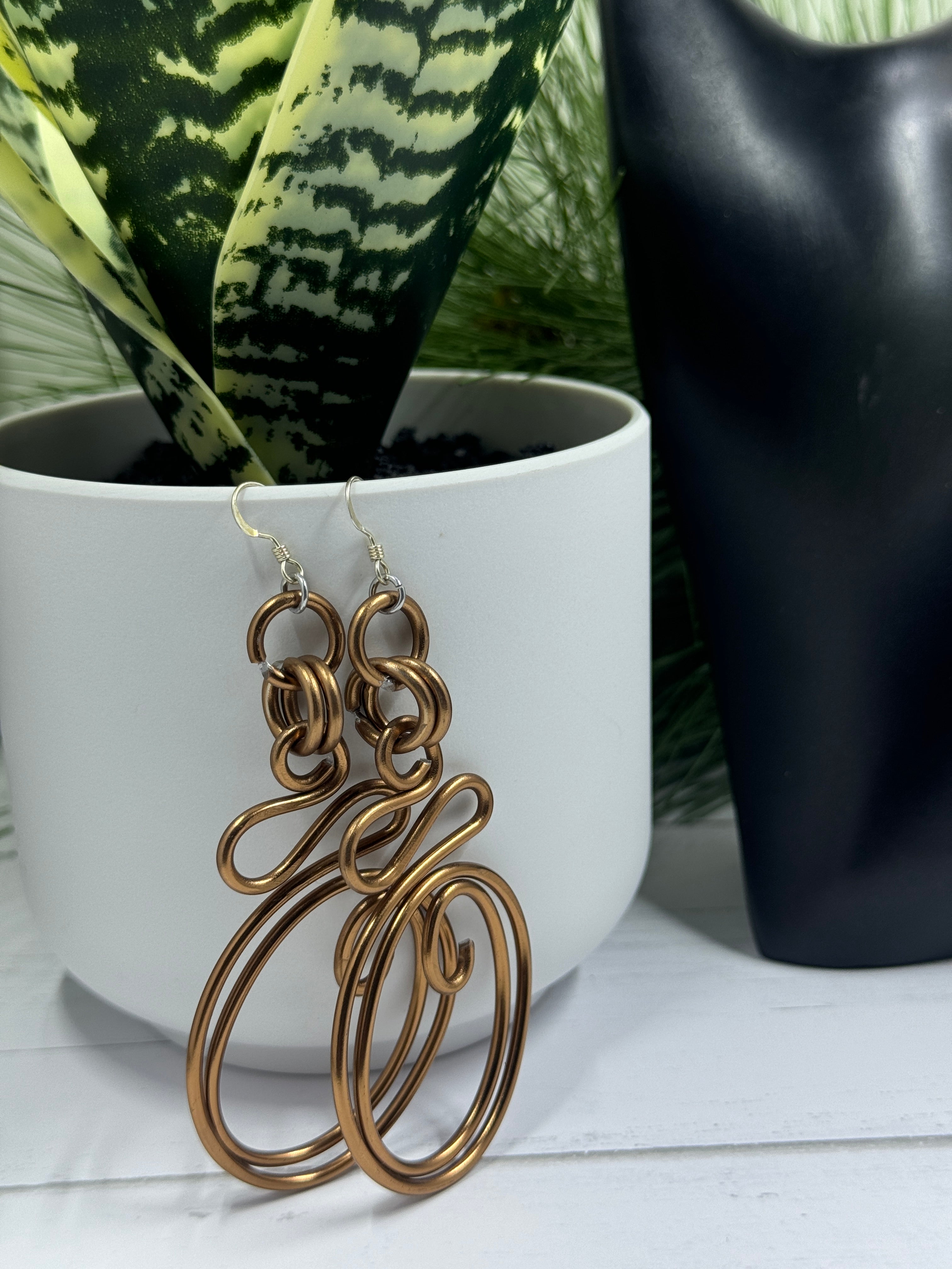 Abstract Copper colored Aluminum Wire Earrings with Sterling Silver Ear Wire