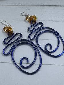 Abstract Blue and Gold Wire Earrings with Sterling Silver Ear Wire