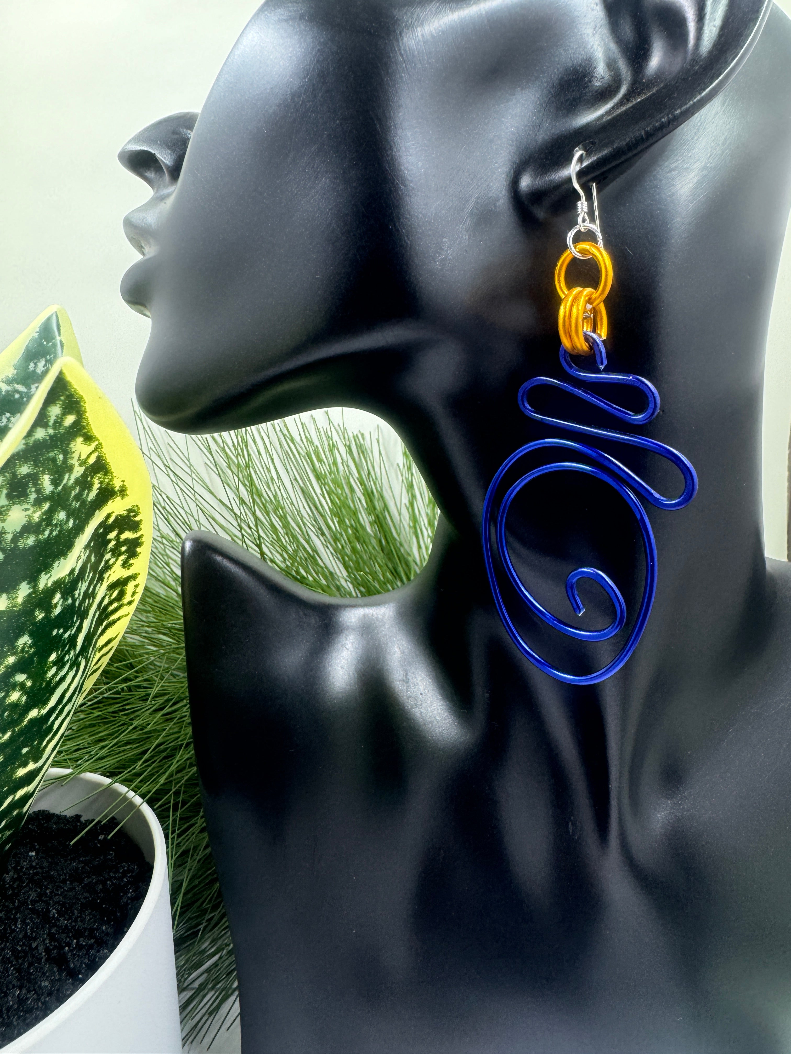 Abstract Blue and Gold Wire Earrings with Sterling Silver Ear Wire