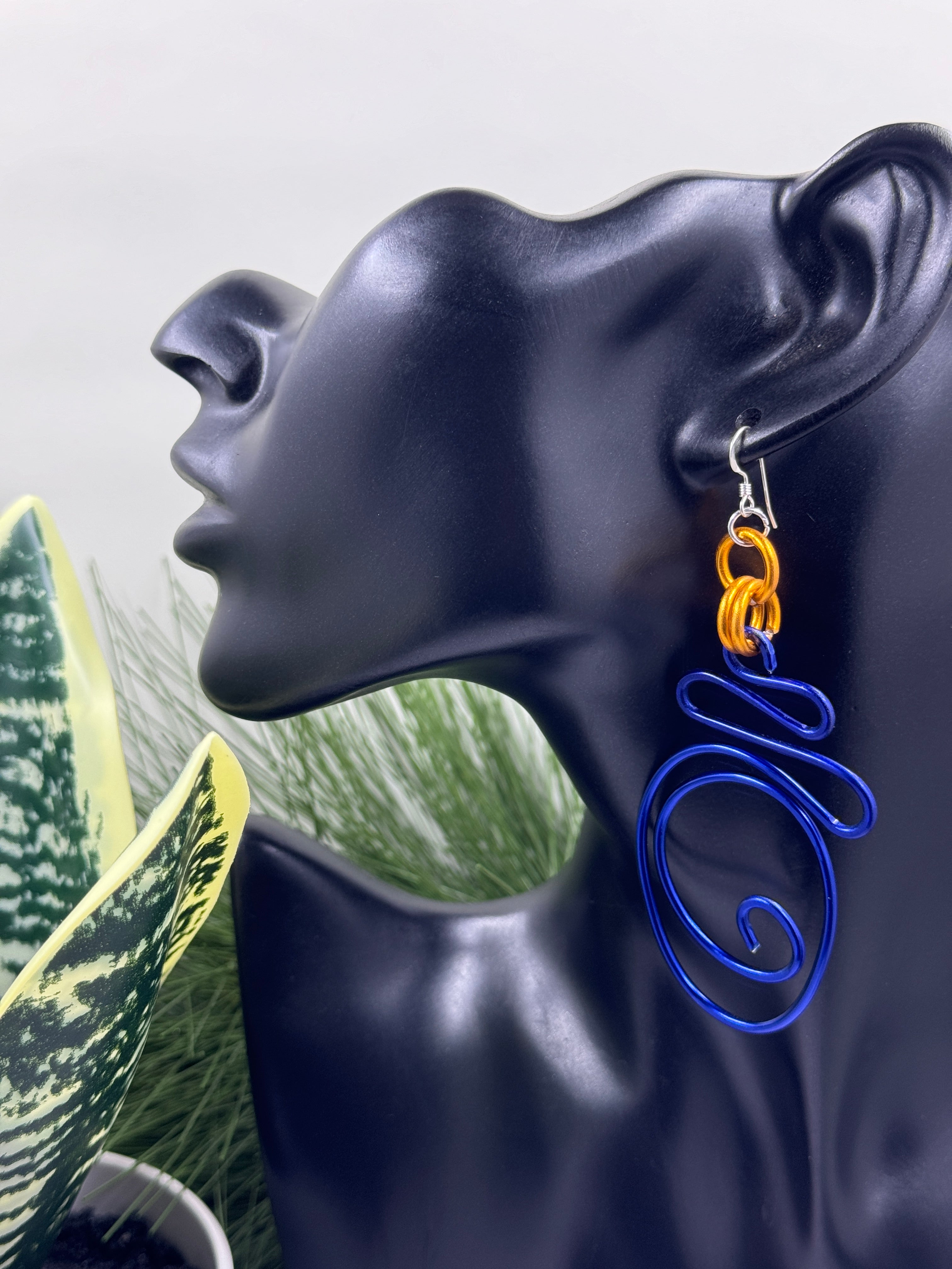 Abstract Blue and Gold Wire Earrings with Sterling Silver Ear Wire