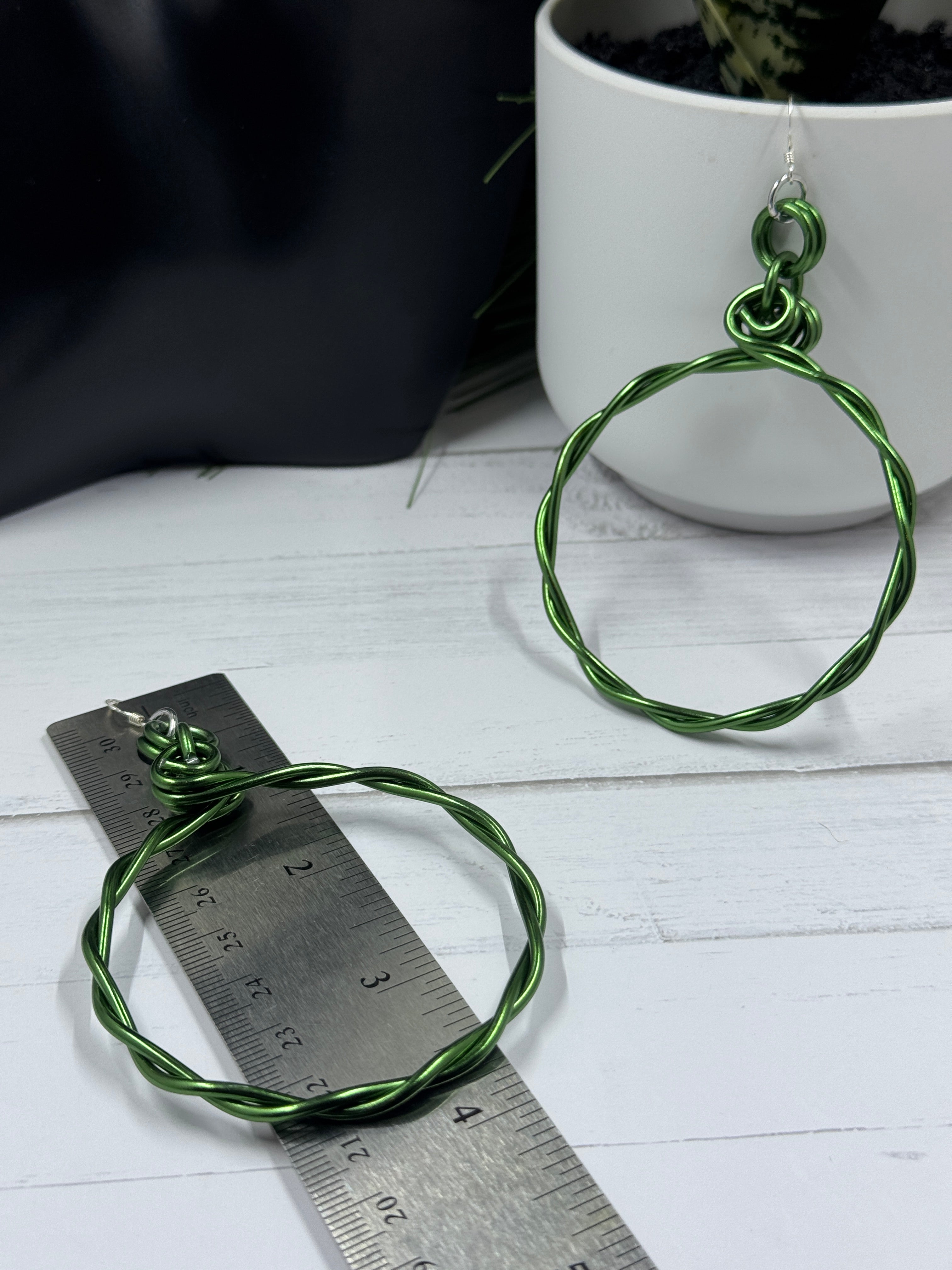 Green Twisted Aluminum Hoop Earrings with Sterling Silver Ear Wire