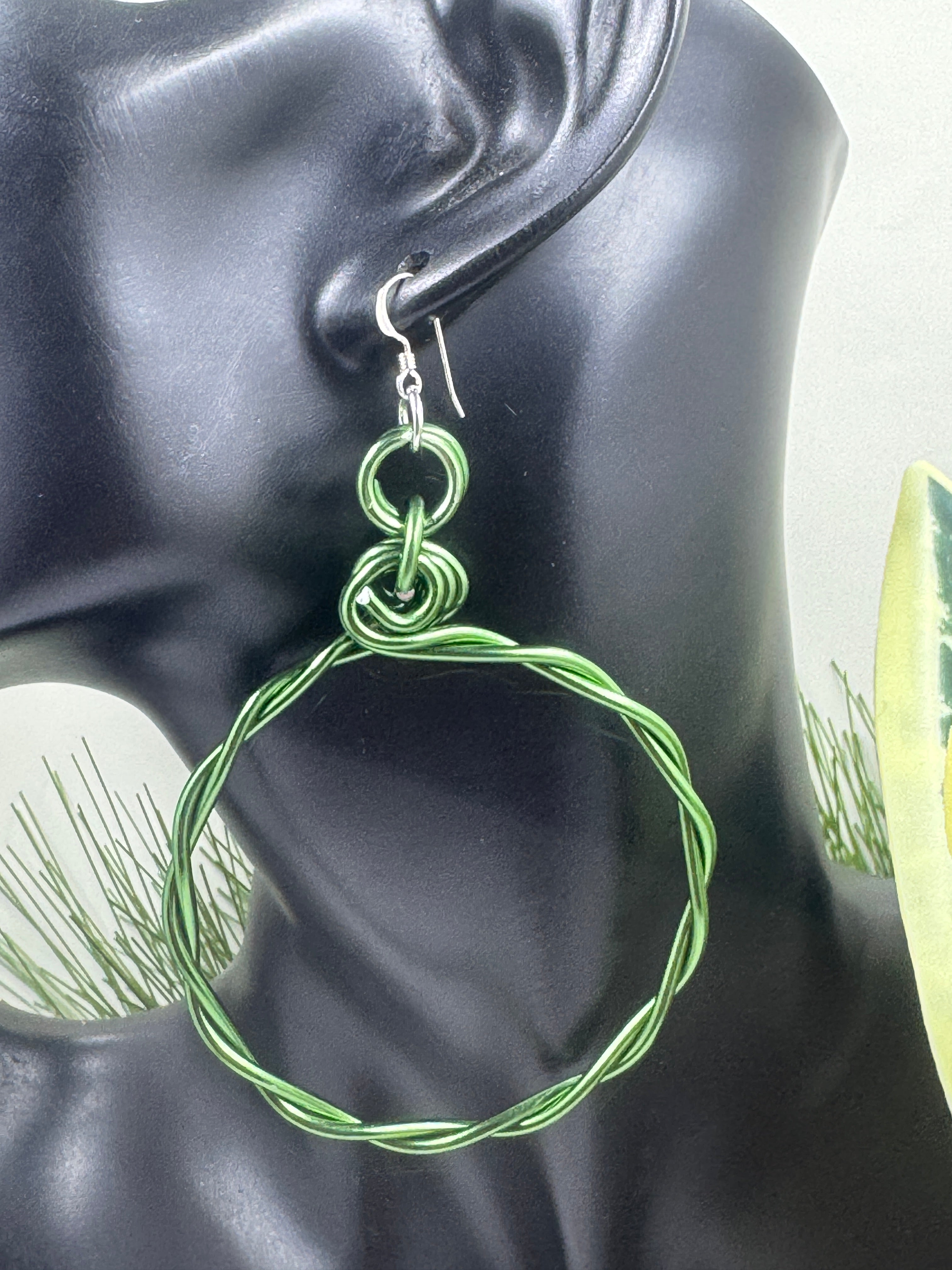 Green Twisted Aluminum Hoop Earrings with Sterling Silver Ear Wire