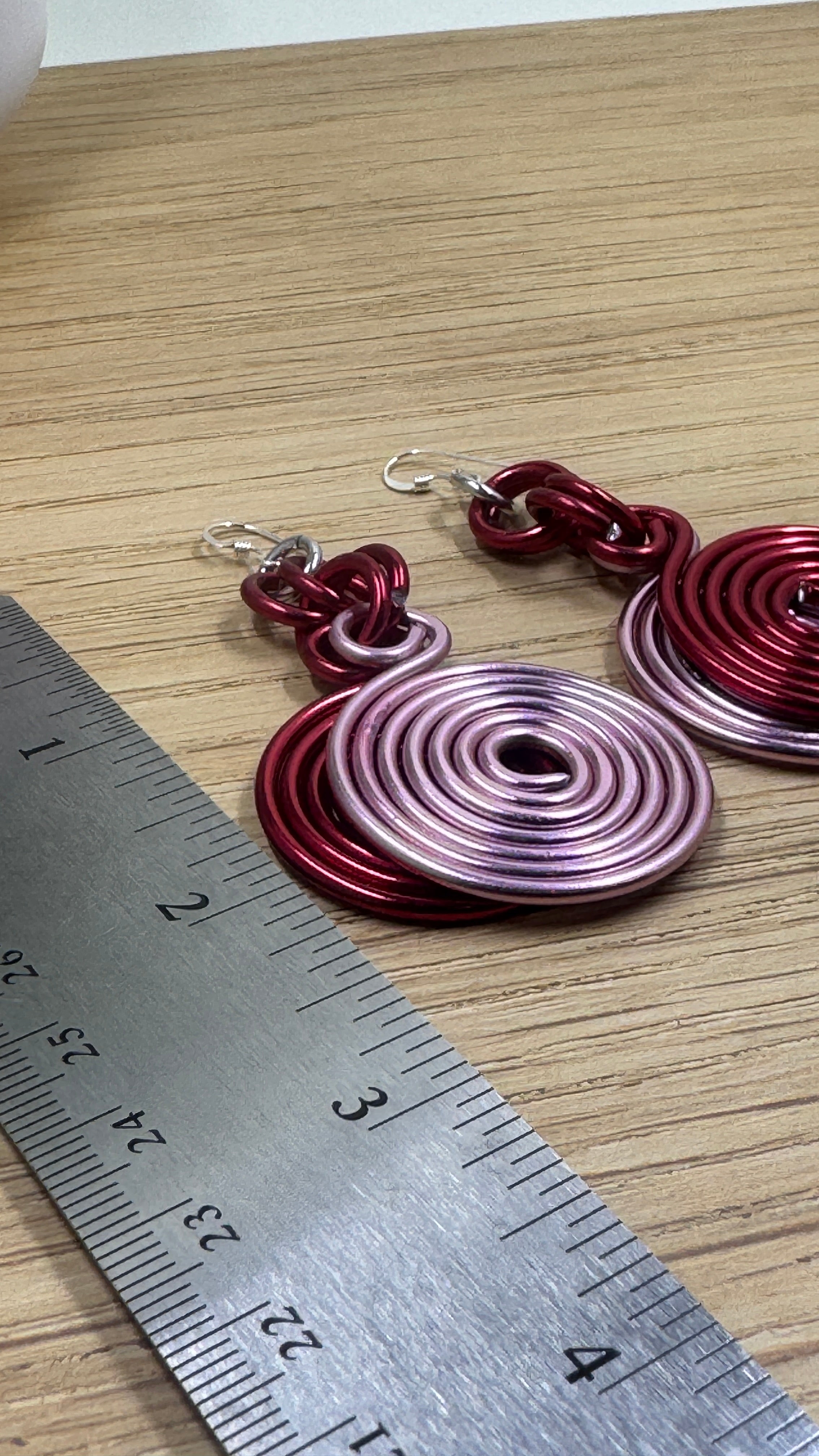 Pink and Red Double Disk Earrings with Sterling Silver Ear Wires