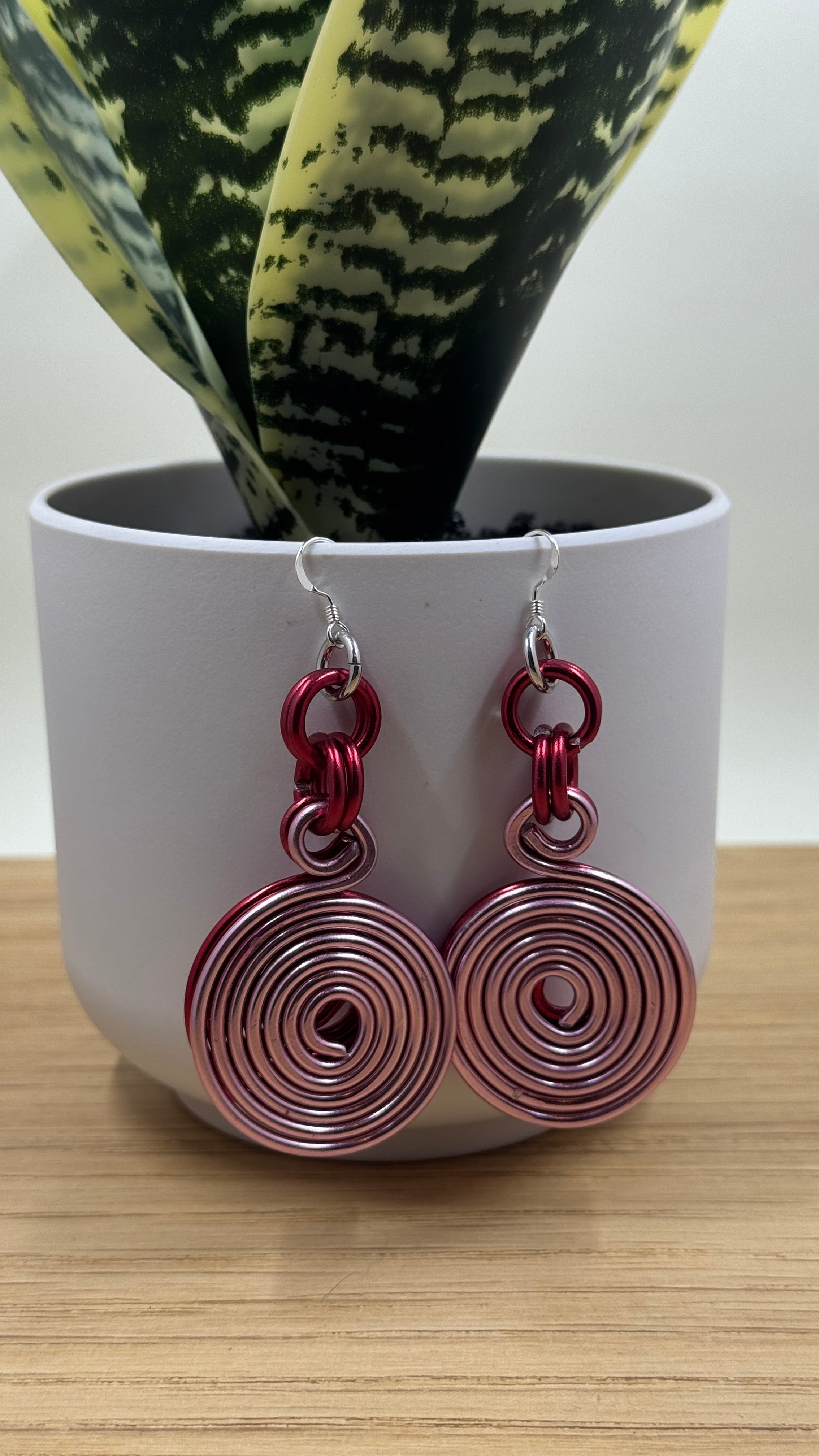 Pink and Red Double Disk Earrings with Sterling Silver Ear Wires