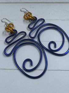 Abstract Blue and Gold Wire Earrings with Sterling Silver Ear Wire