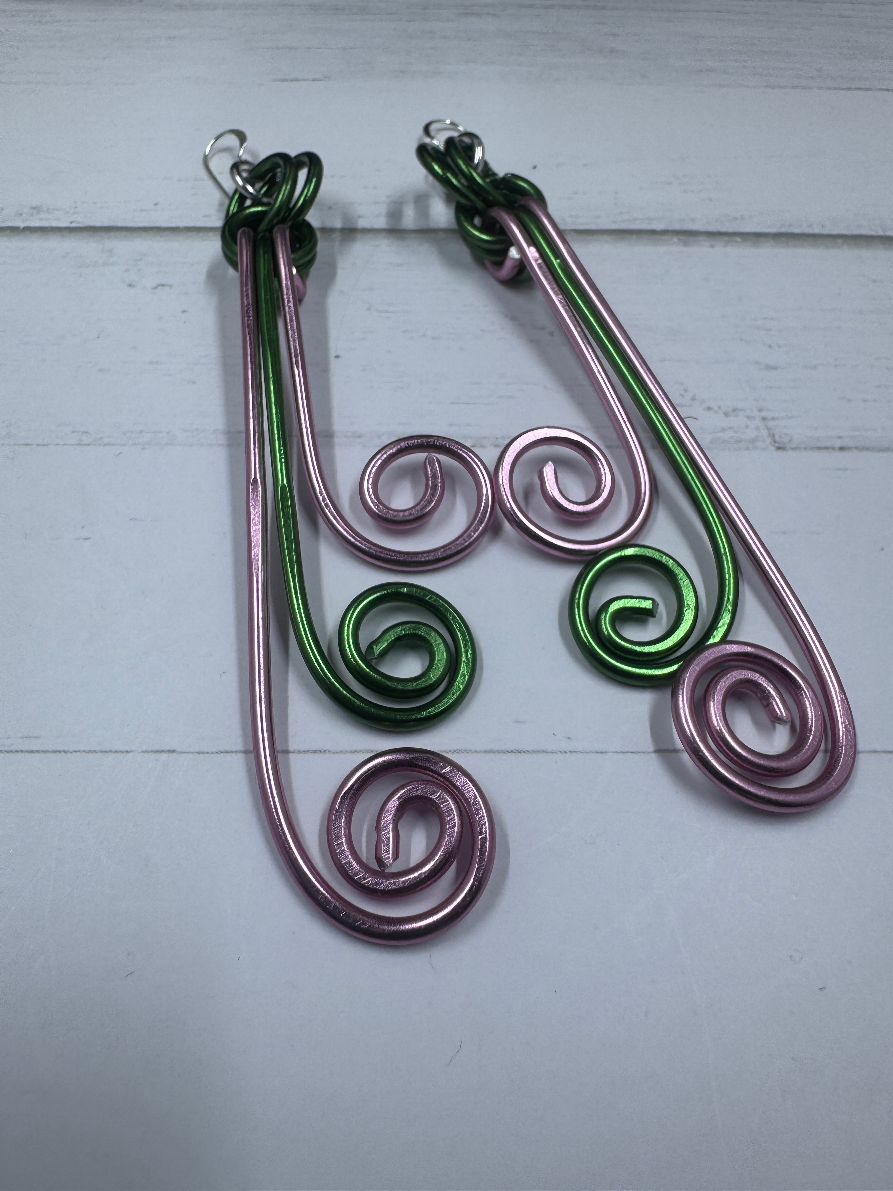 AKA Sorority Inspired Pink and Green Spiral Wire Earrings