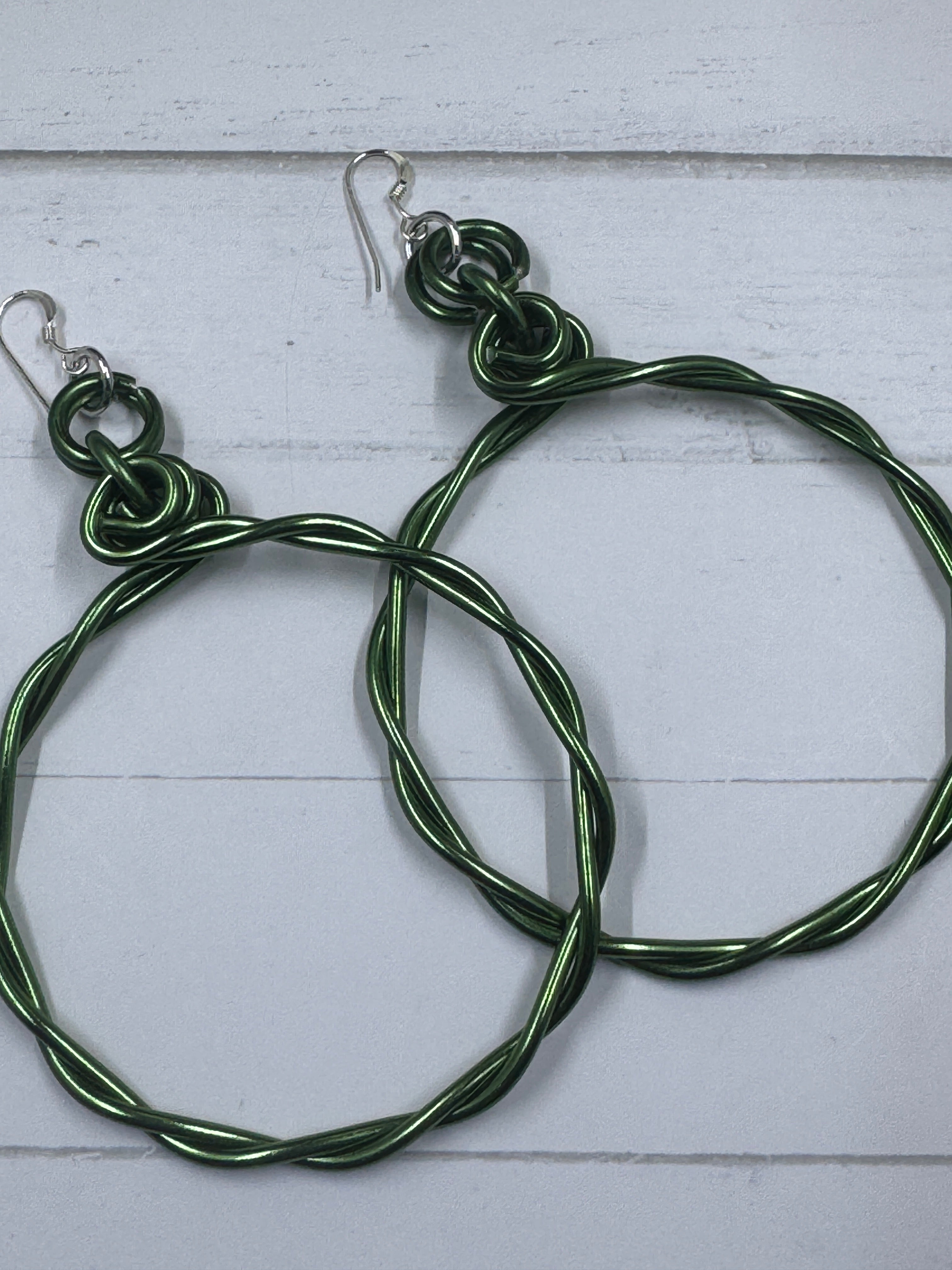 Green Twisted Aluminum Hoop Earrings with Sterling Silver Ear Wire