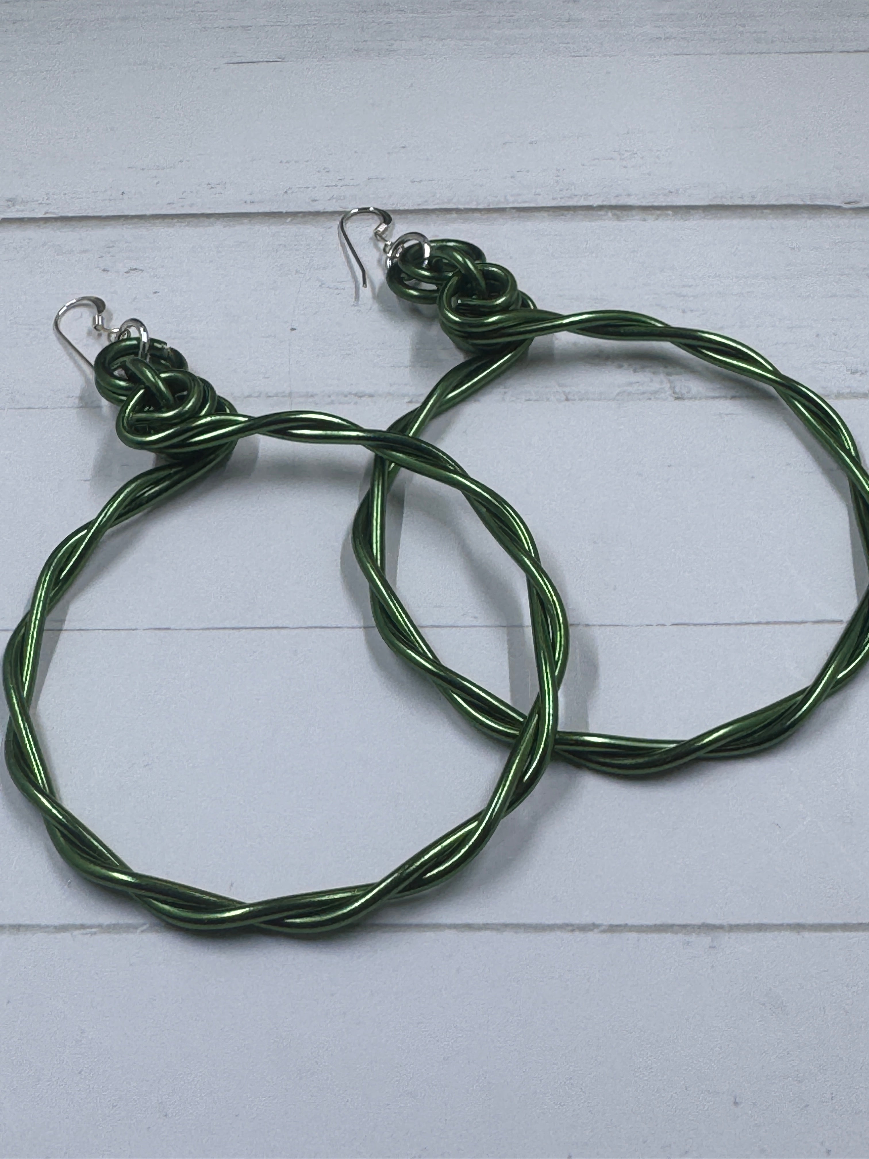 Green Twisted Aluminum Hoop Earrings with Sterling Silver Ear Wire
