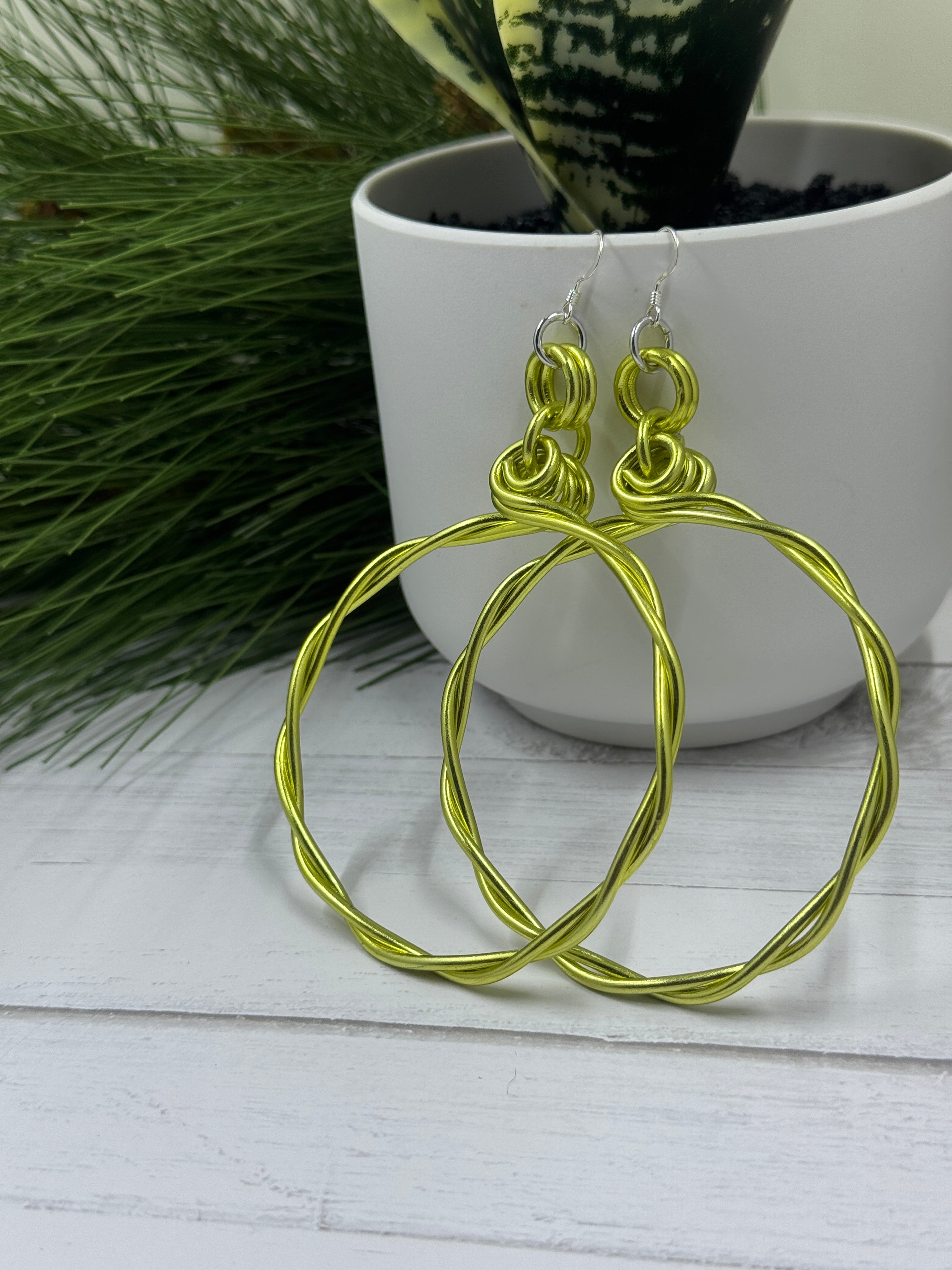 Light Green Twisted Aluminum Hoop Earrings with Sterling Silver Ear Wire