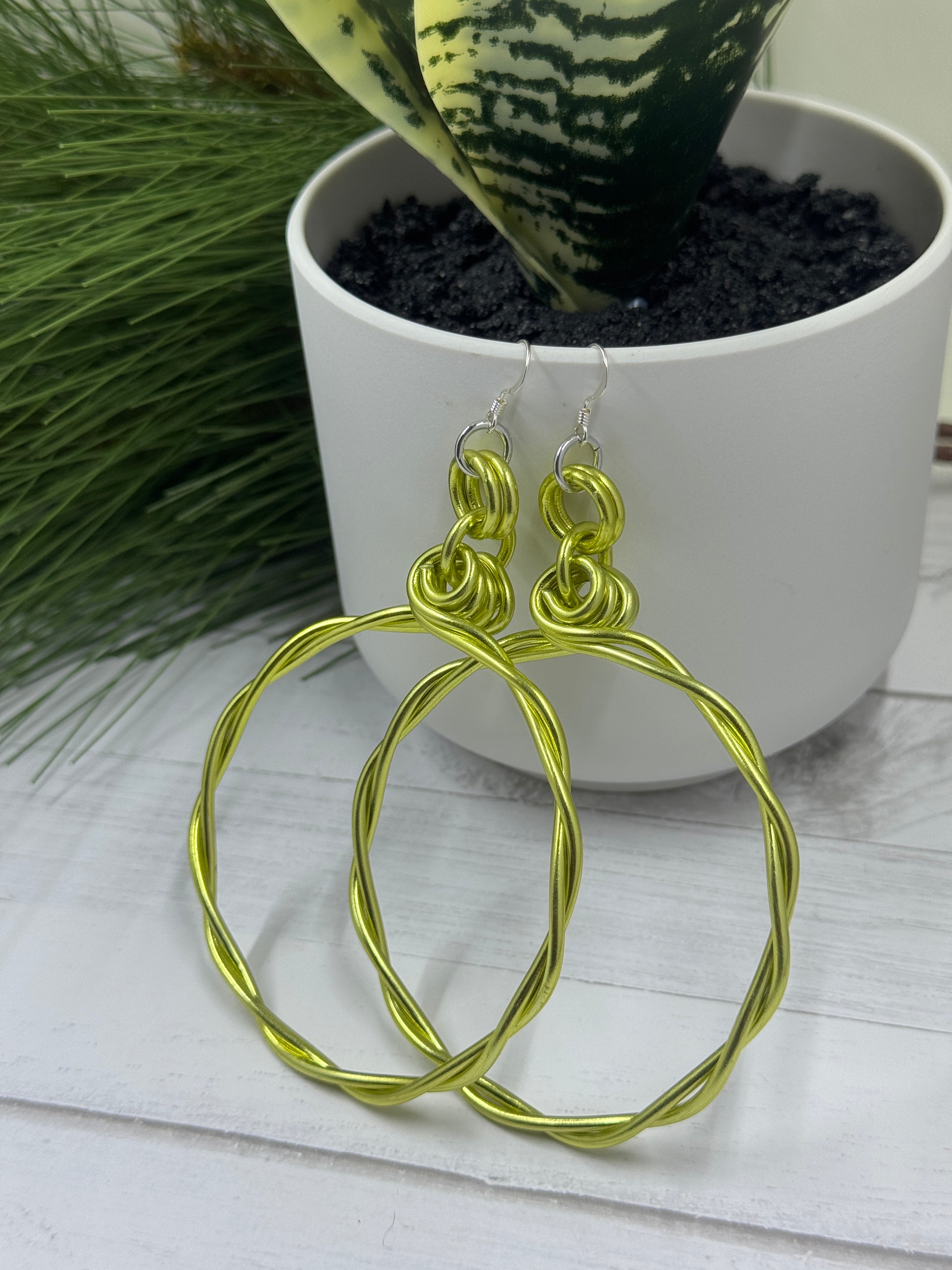 Light Green Twisted Aluminum Hoop Earrings with Sterling Silver Ear Wire