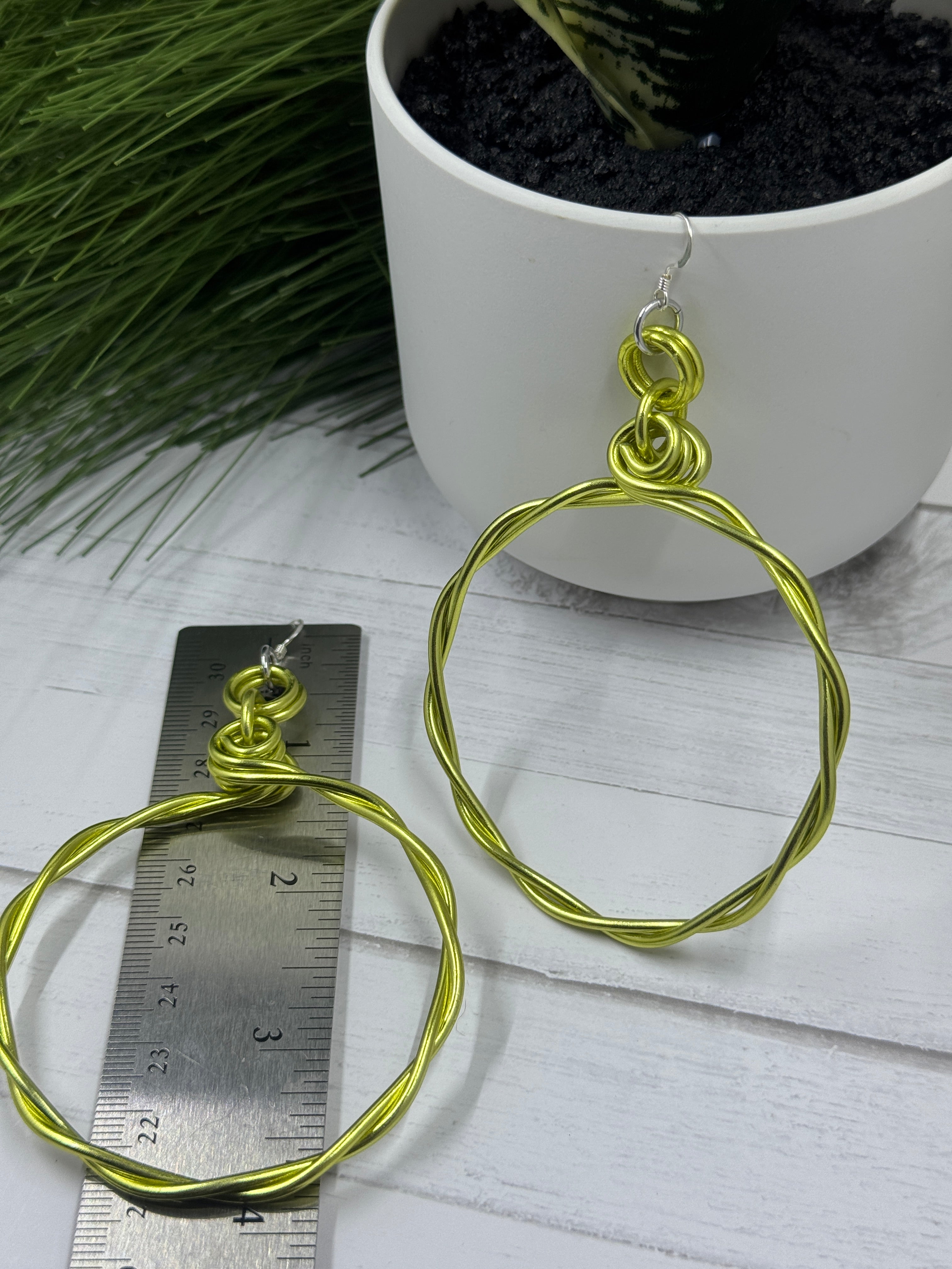 Light Green Twisted Aluminum Hoop Earrings with Sterling Silver Ear Wire