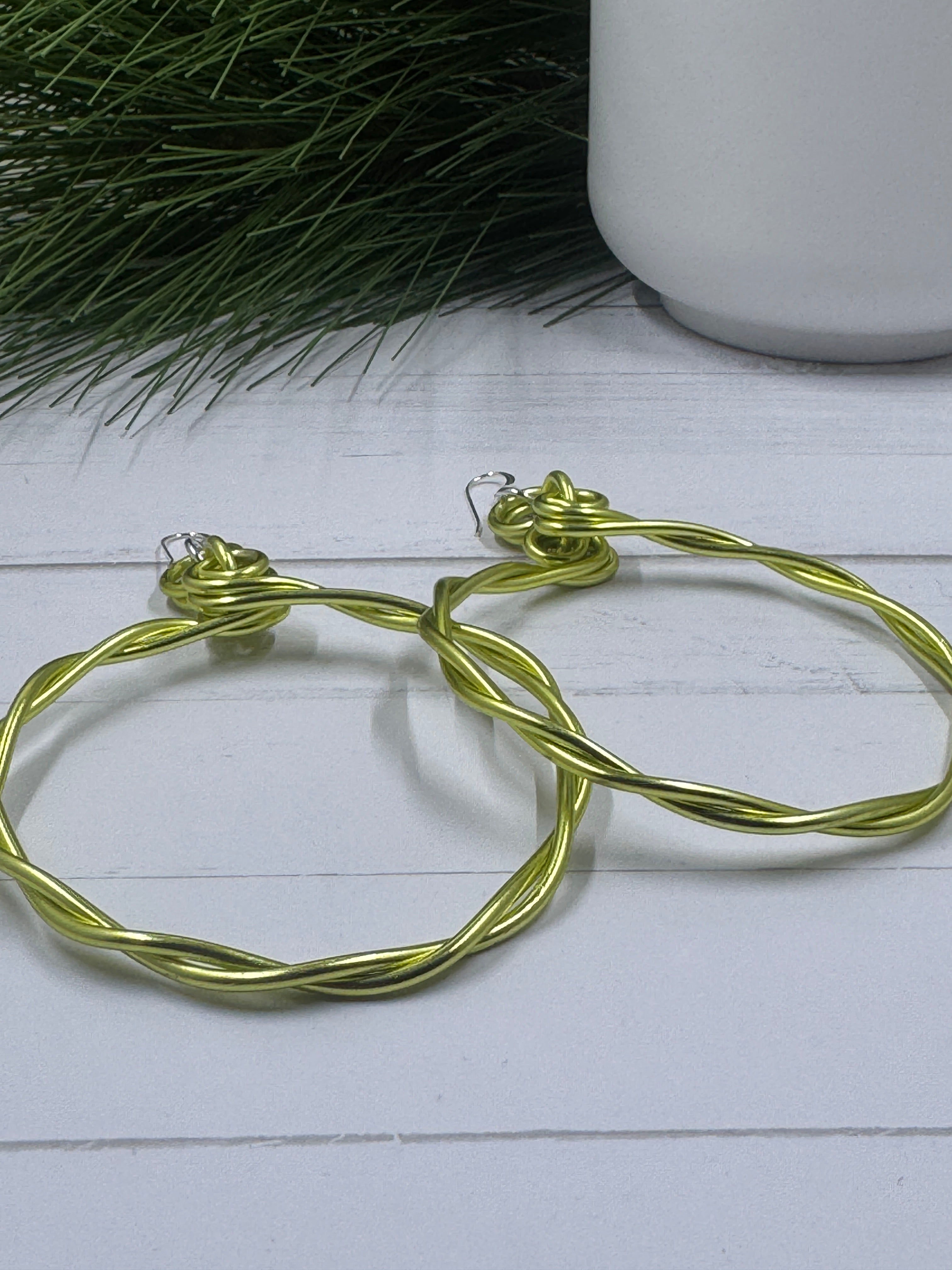 Light Green Twisted Aluminum Hoop Earrings with Sterling Silver Ear Wire