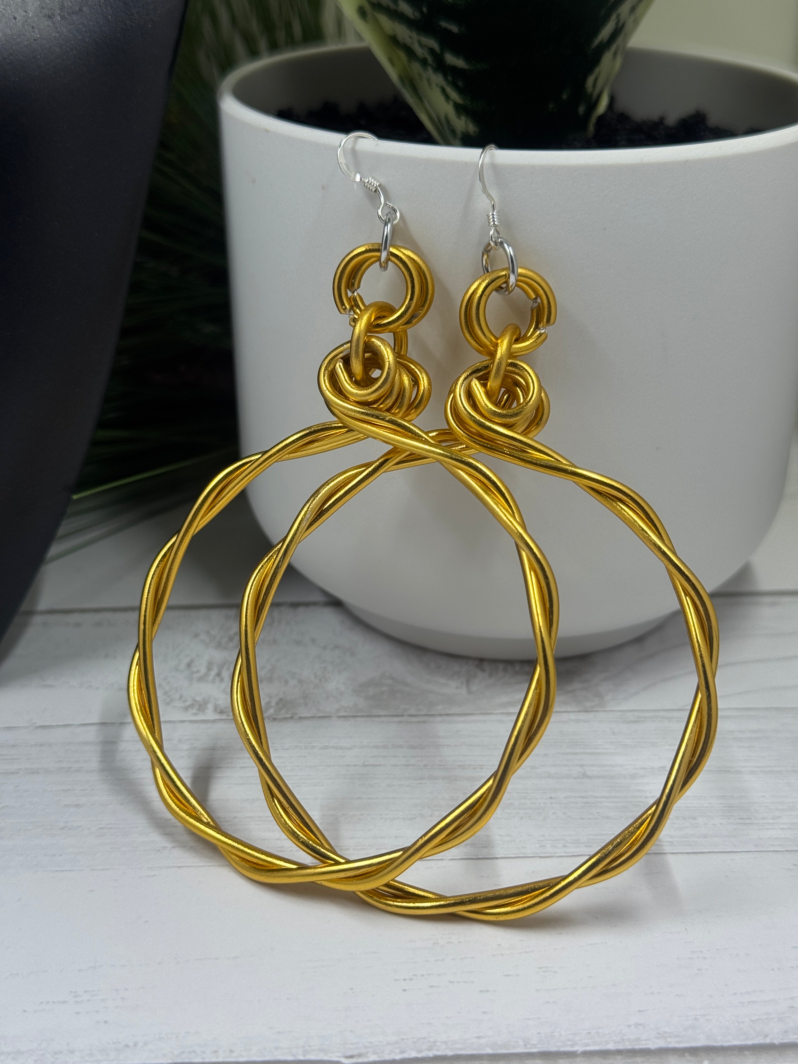 Gold Twisted Aluminum Hoop Earrings with Sterling Silver Ear Wire