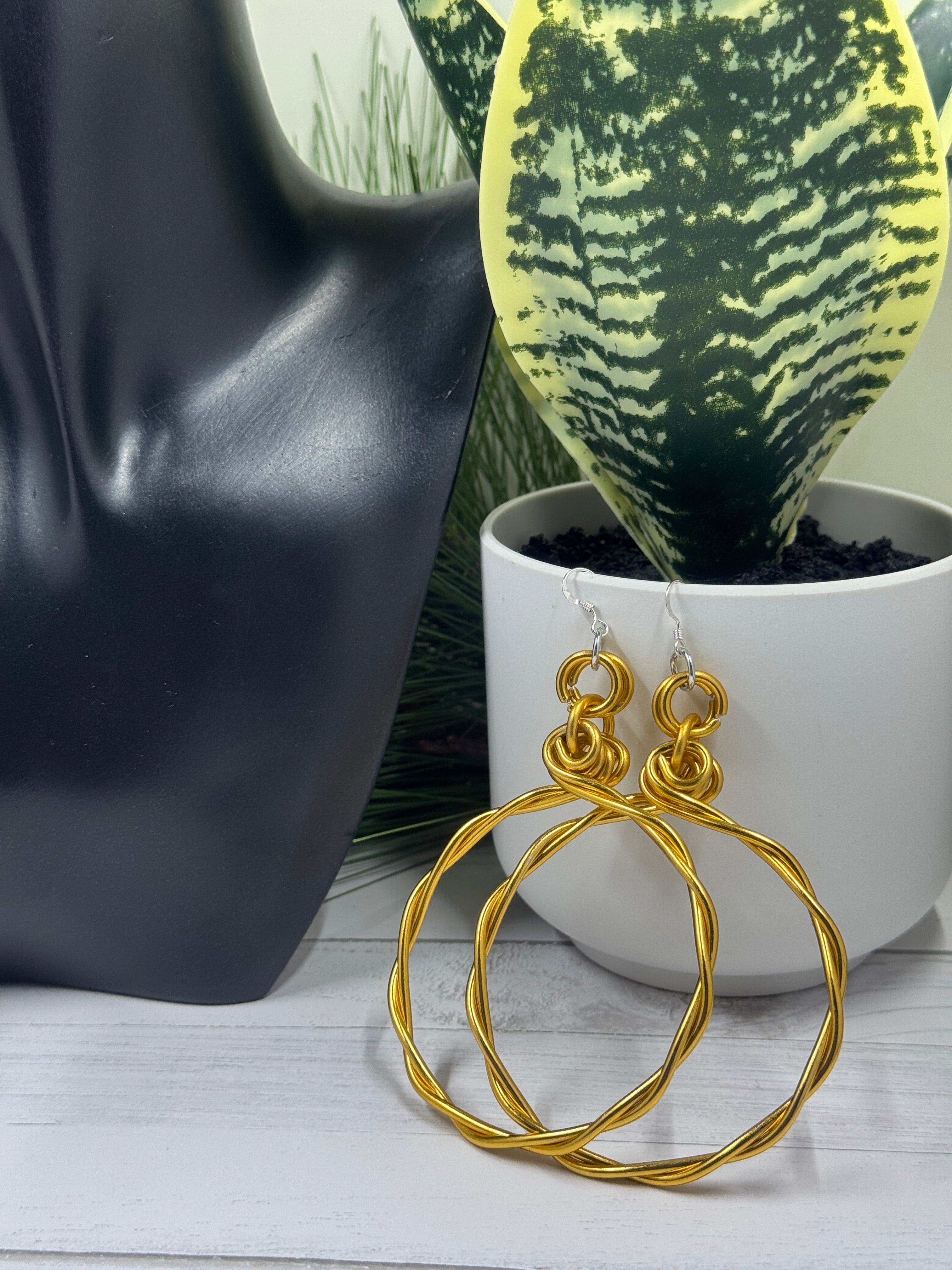 Gold Twisted Aluminum Hoop Earrings with Sterling Silver Ear Wire