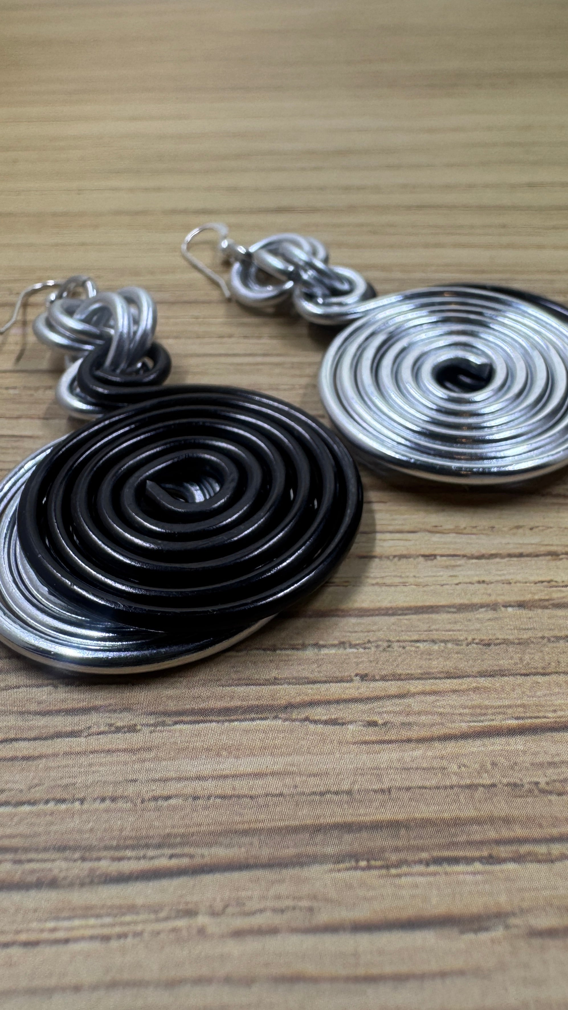 Black and Silver Double Disk Earrings with Sterling Silver Ear Wires