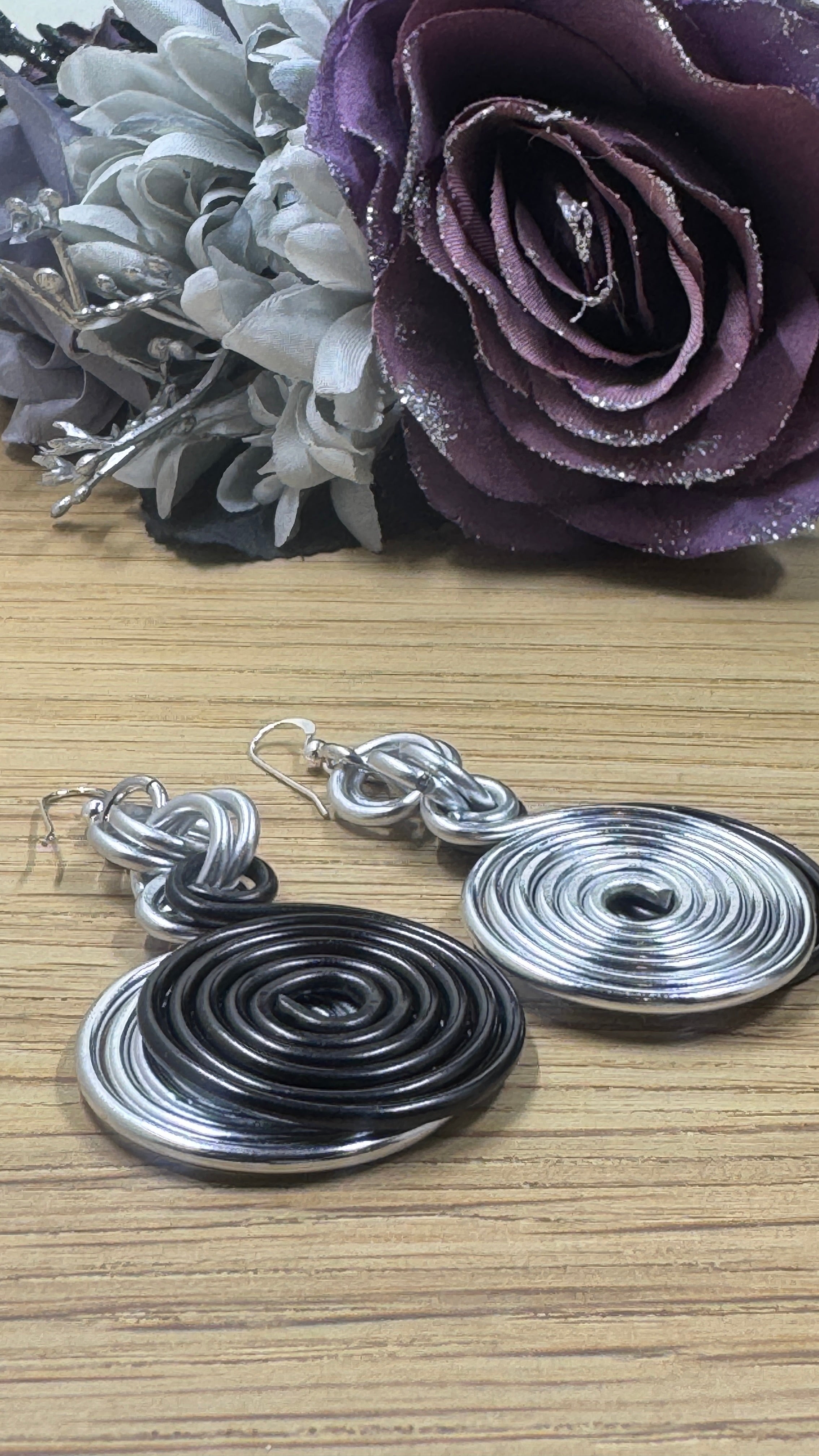 Black and Silver Double Disk Earrings with Sterling Silver Ear Wires