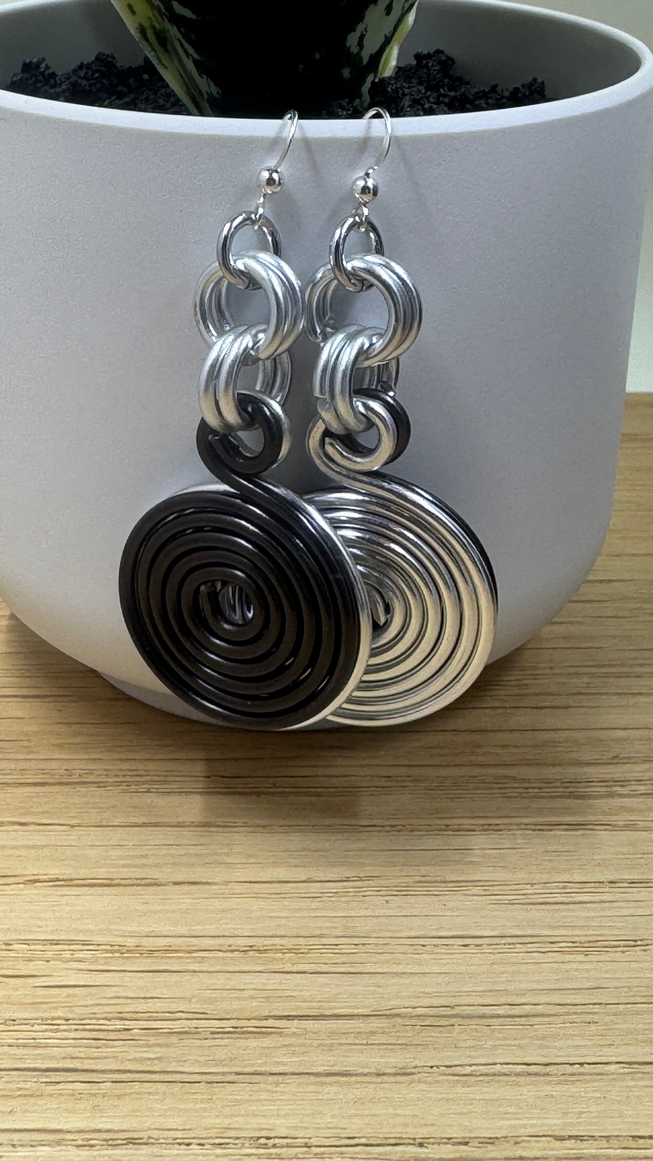 Black and Silver Double Disk Earrings with Sterling Silver Ear Wires
