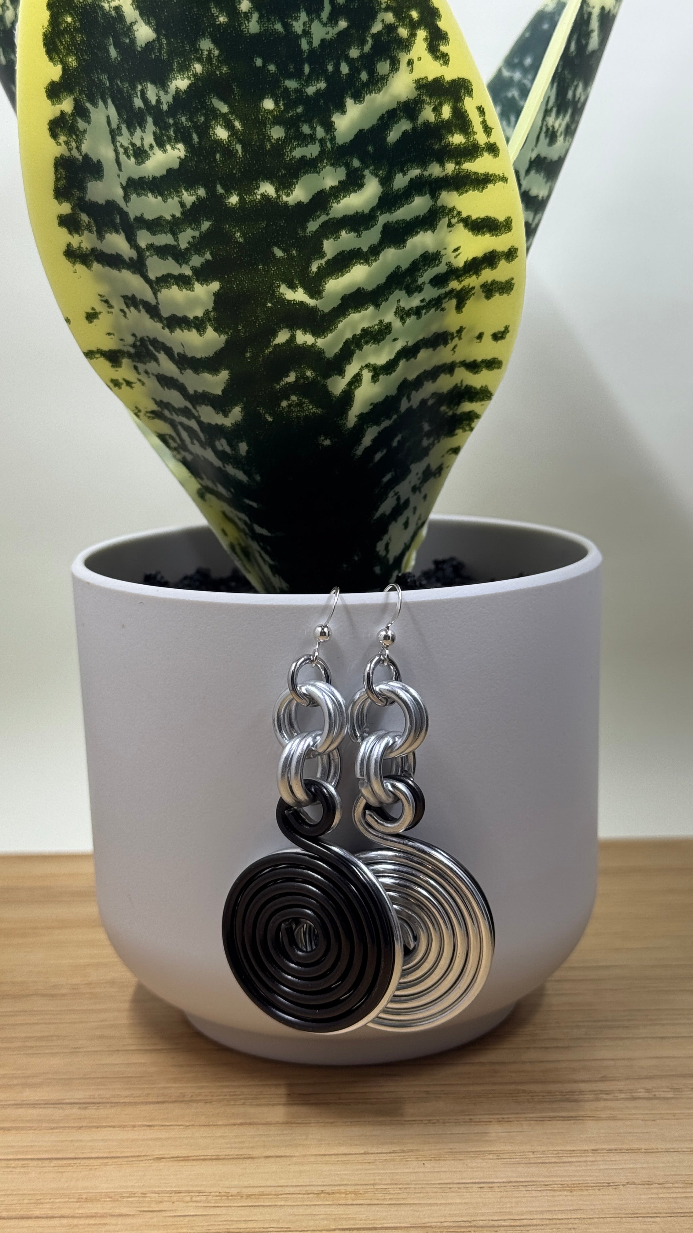 Black and Silver Double Disk Earrings with Sterling Silver Ear Wires