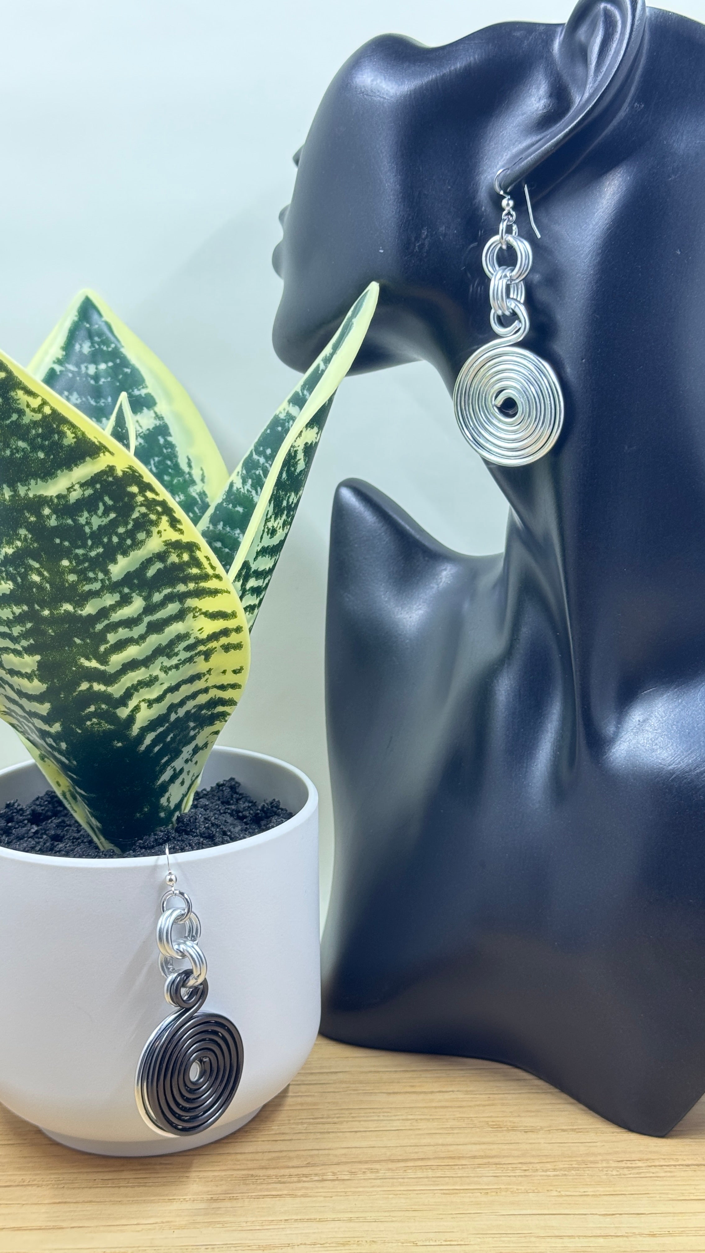 Black and Silver Double Disk Earrings with Sterling Silver Ear Wires