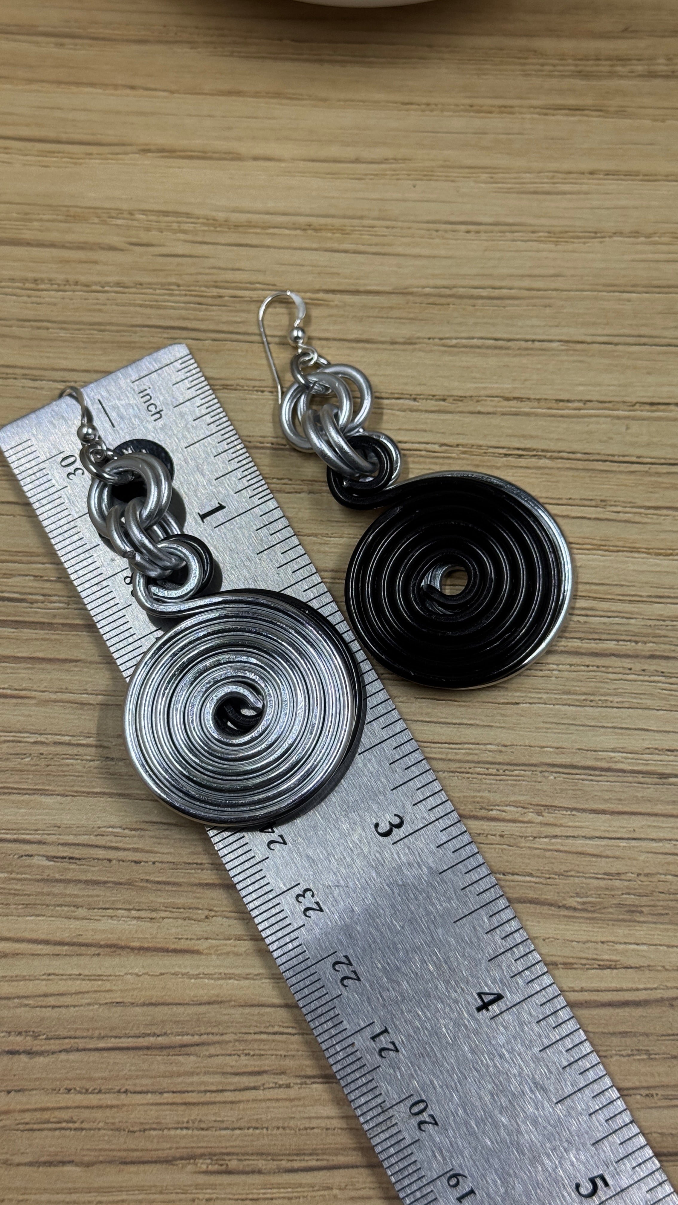 Black and Silver Double Disk Earrings with Sterling Silver Ear Wires