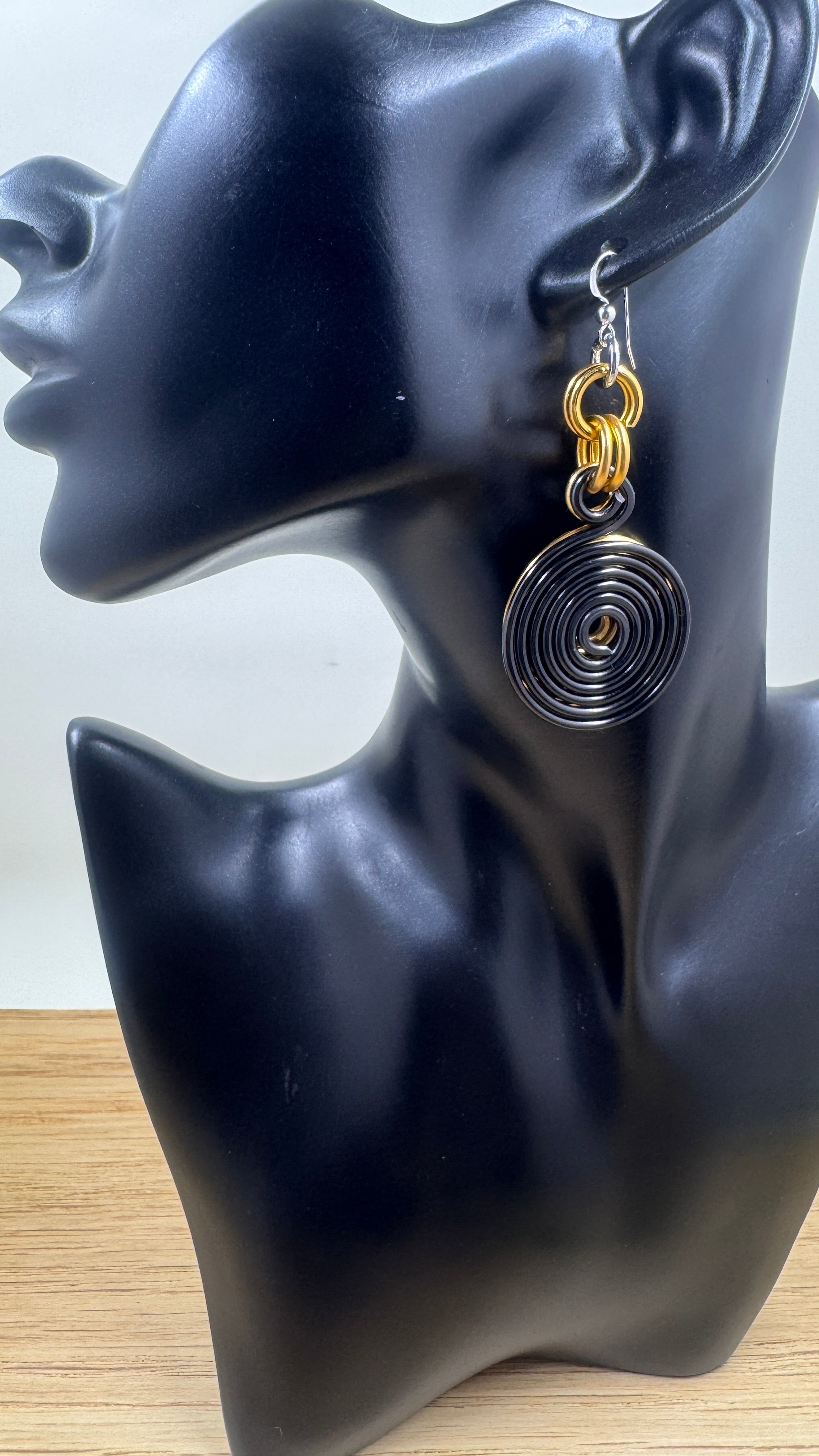 Black and Gold Double Disk Earrings with Sterling Silver Ear Wires