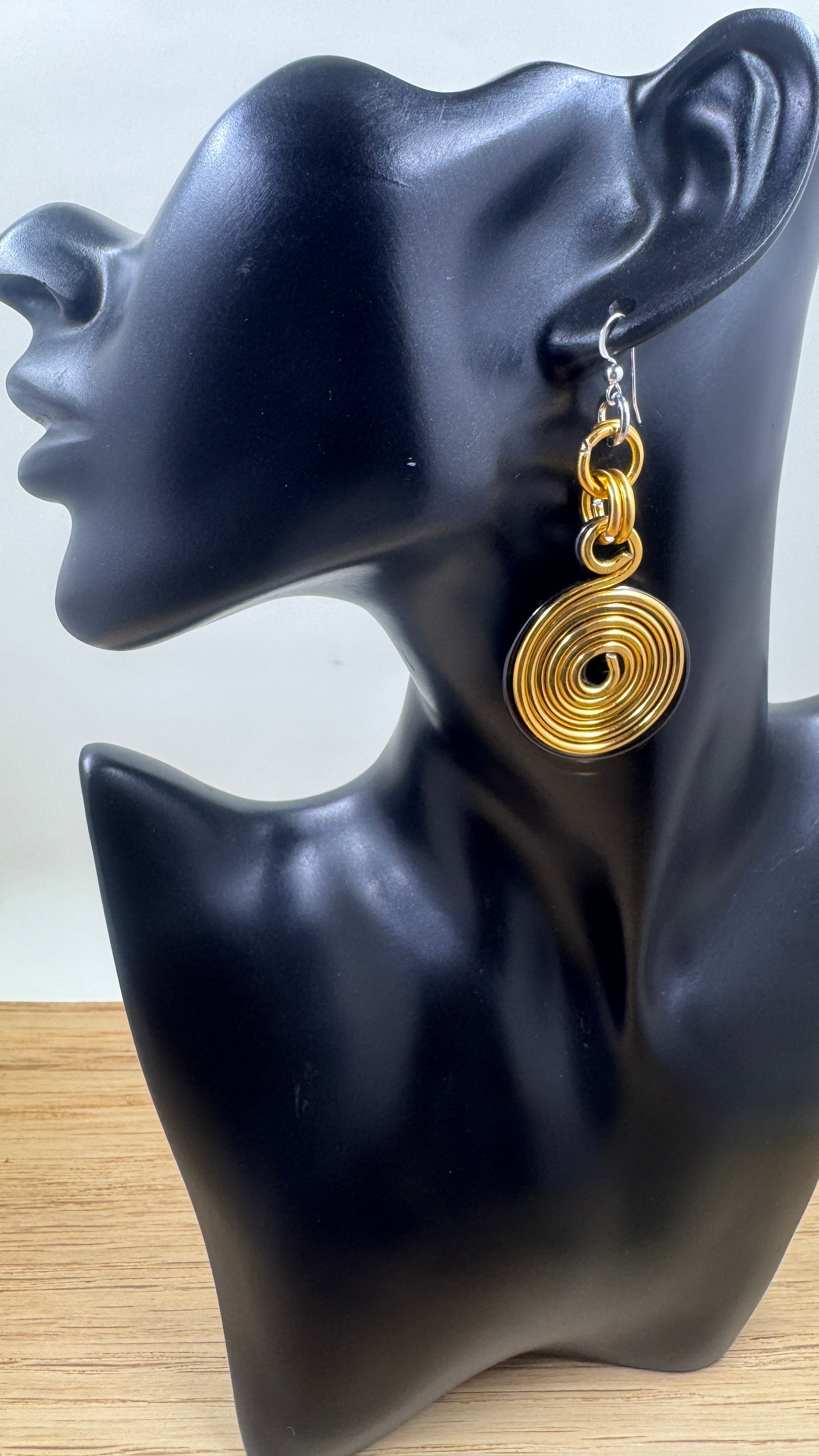 Black and Gold Double Disk Earrings with Sterling Silver Ear Wires