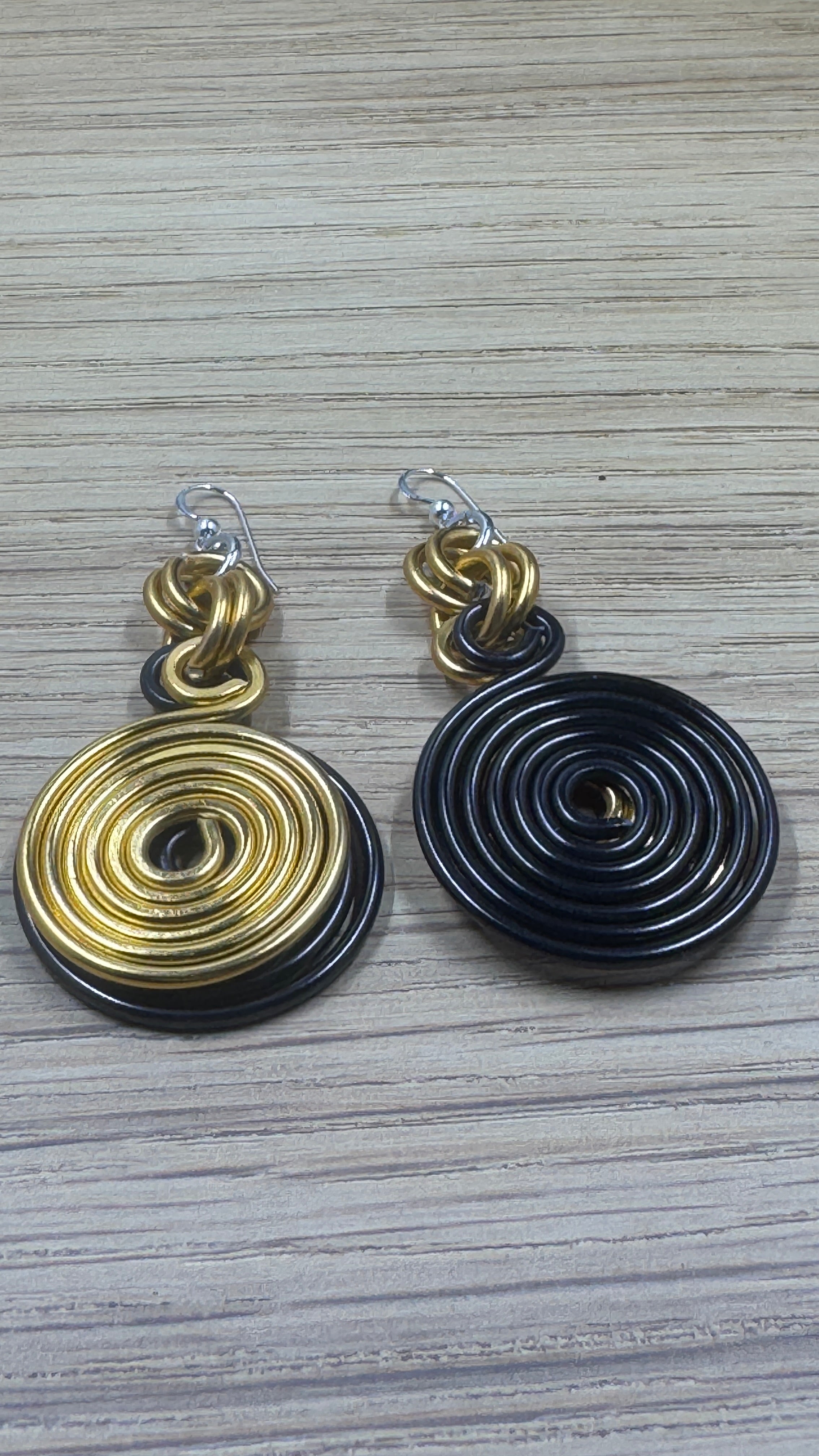 Black and Gold Double Disk Earrings with Sterling Silver Ear Wires