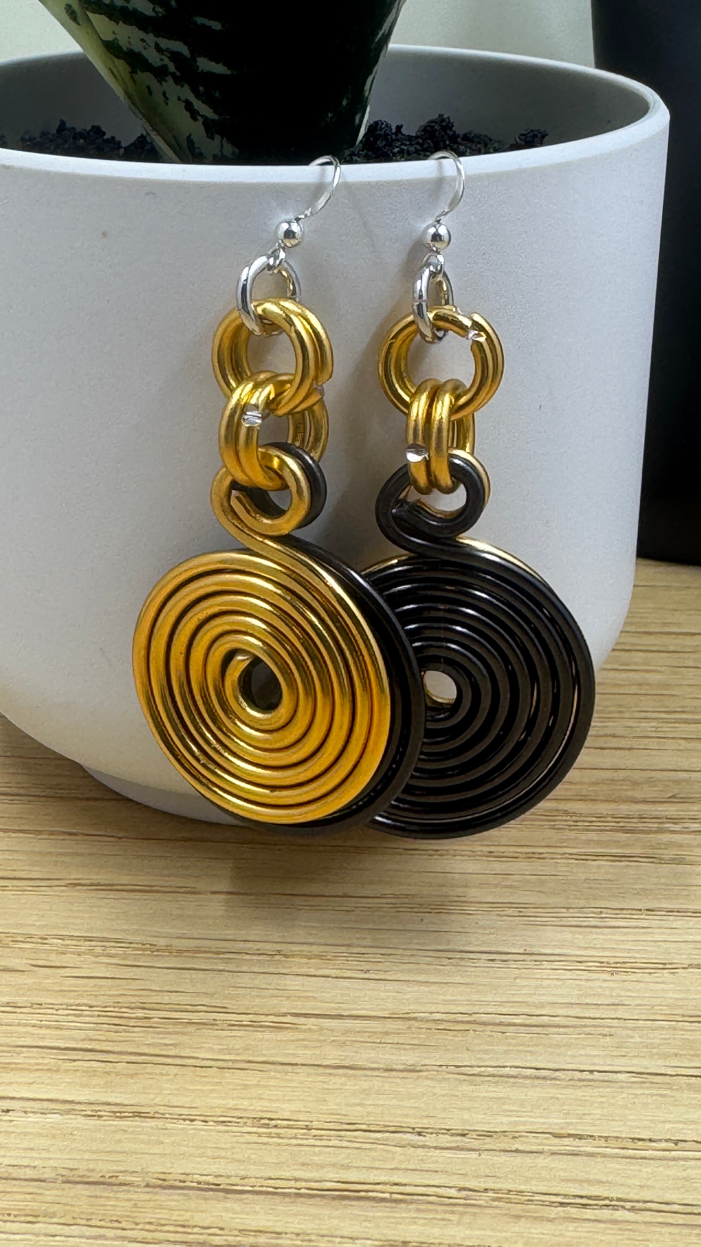 Black and Gold Double Disk Earrings with Sterling Silver Ear Wires