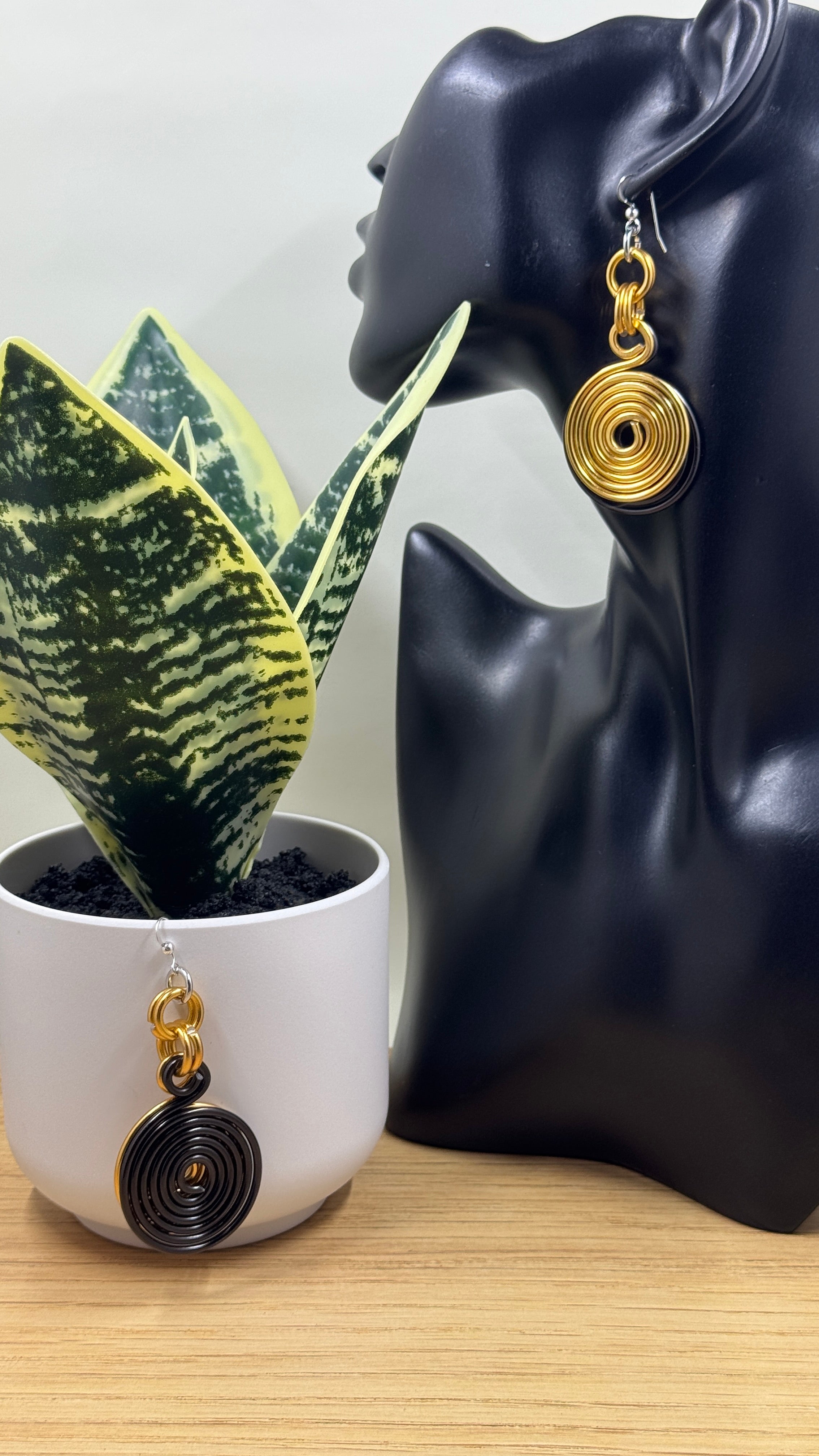 Black and Gold Double Disk Earrings with Sterling Silver Ear Wires