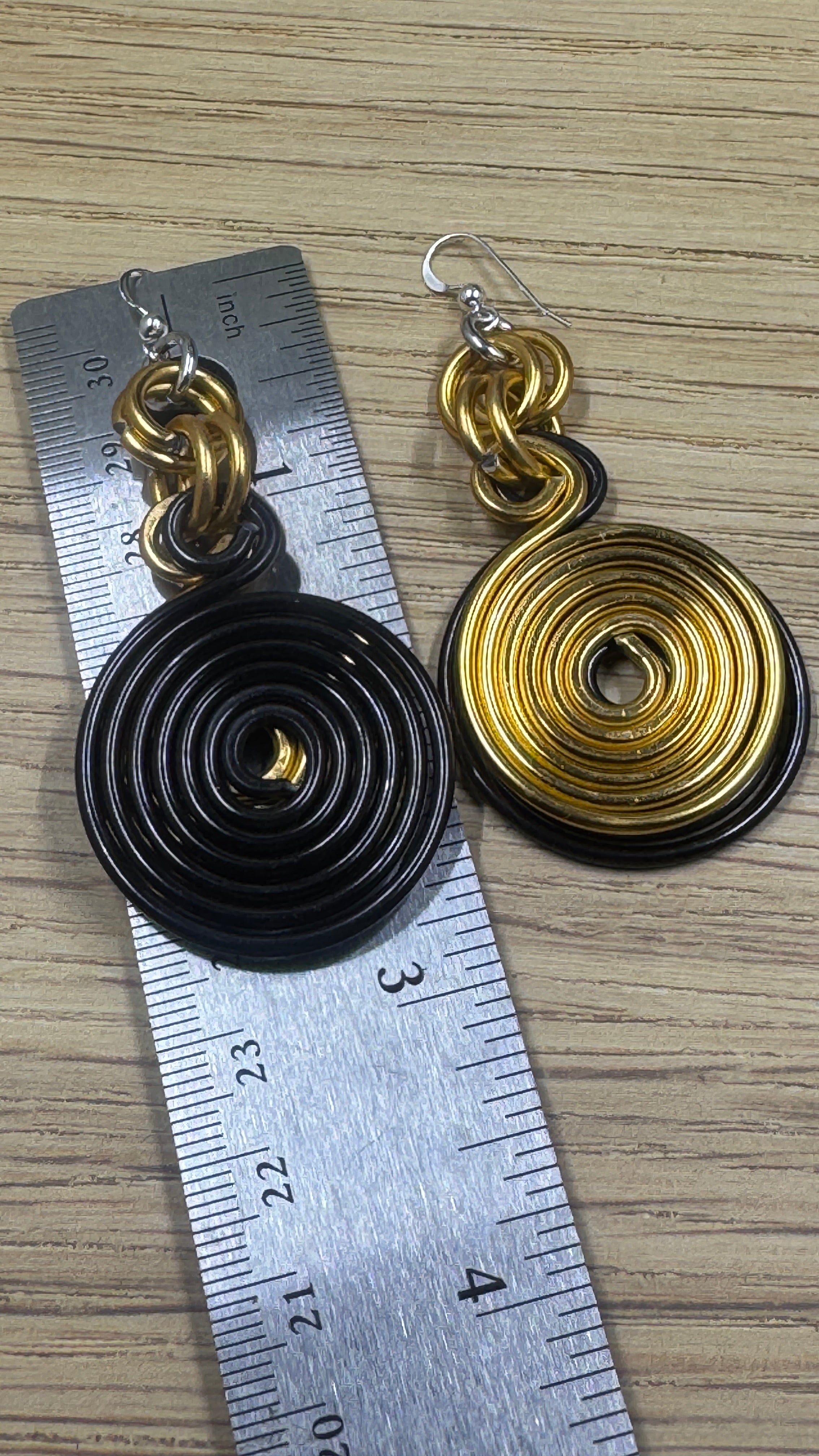 Black and Gold Double Disk Earrings with Sterling Silver Ear Wires