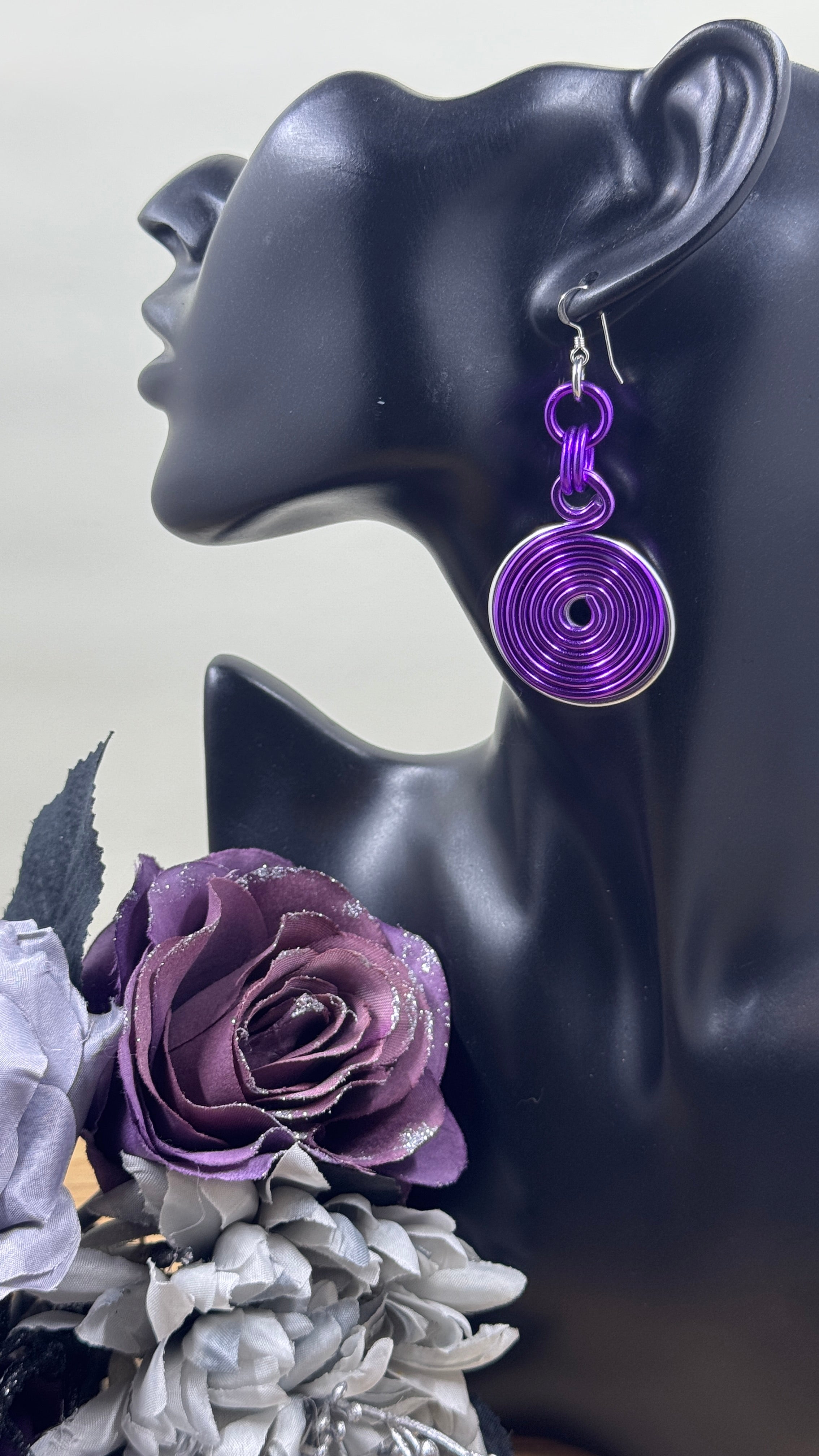 Silver and Purple Double Disk Earrings with Sterling Silver Ear Wires