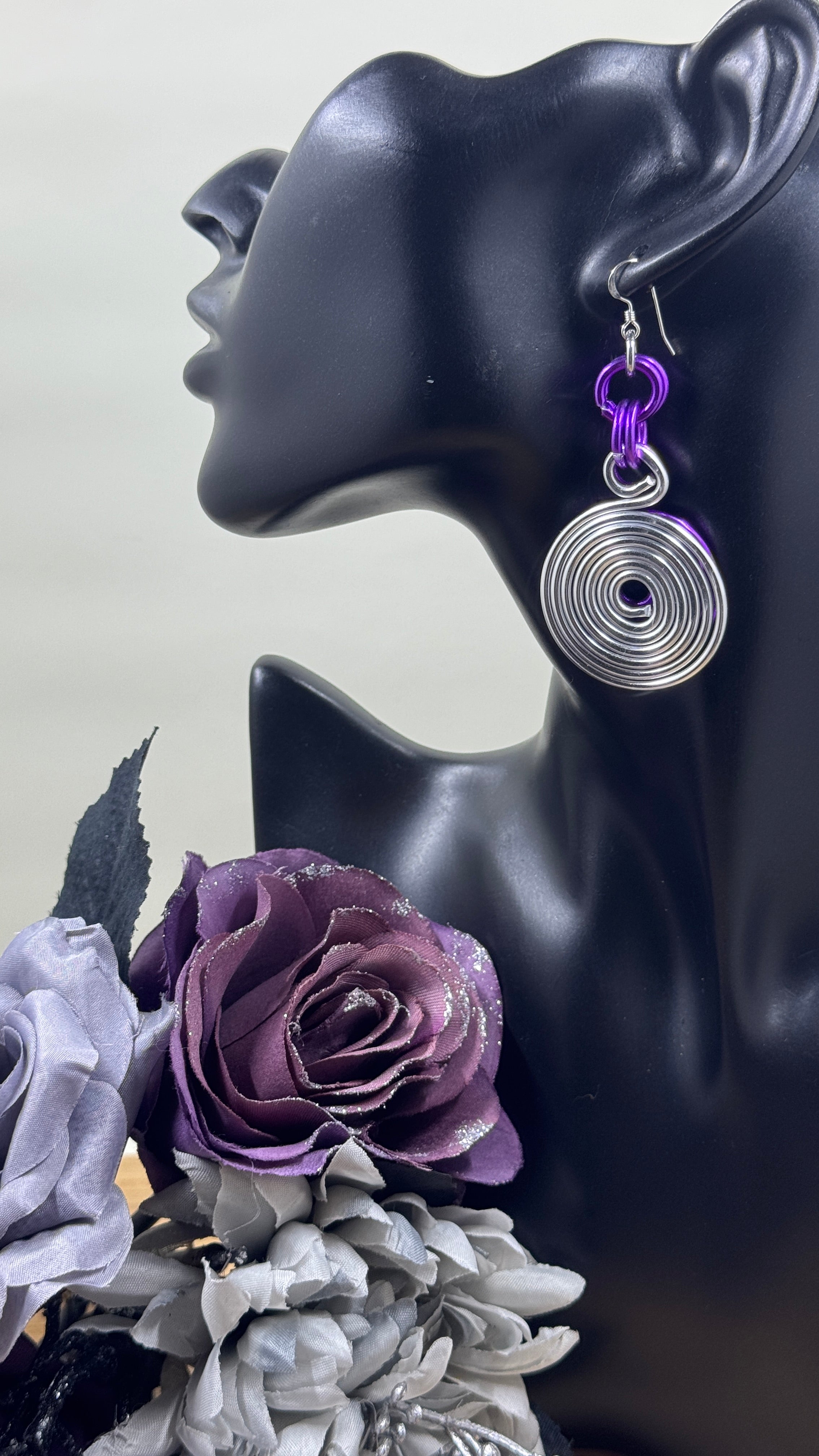 Silver and Purple Double Disk Earrings with Sterling Silver Ear Wires