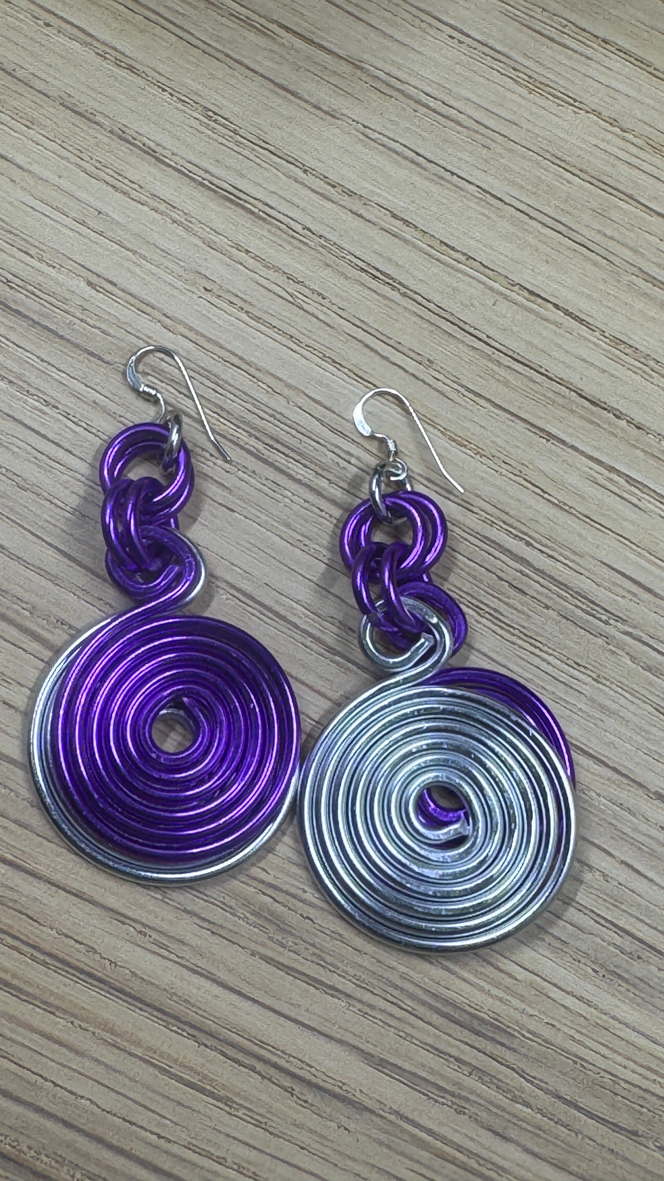 Silver and Purple Double Disk Earrings with Sterling Silver Ear Wires