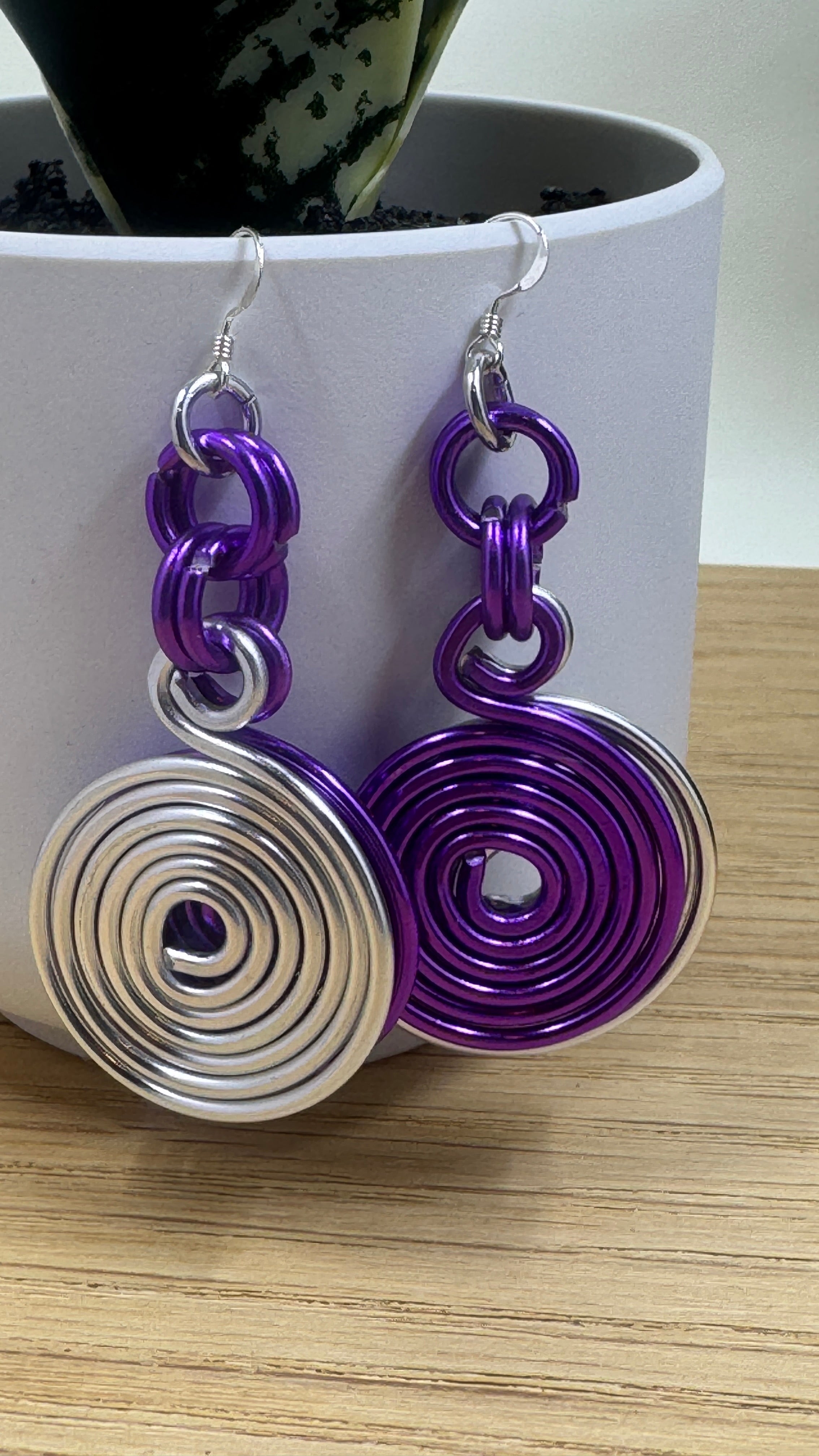 Silver and Purple Double Disk Earrings with Sterling Silver Ear Wires