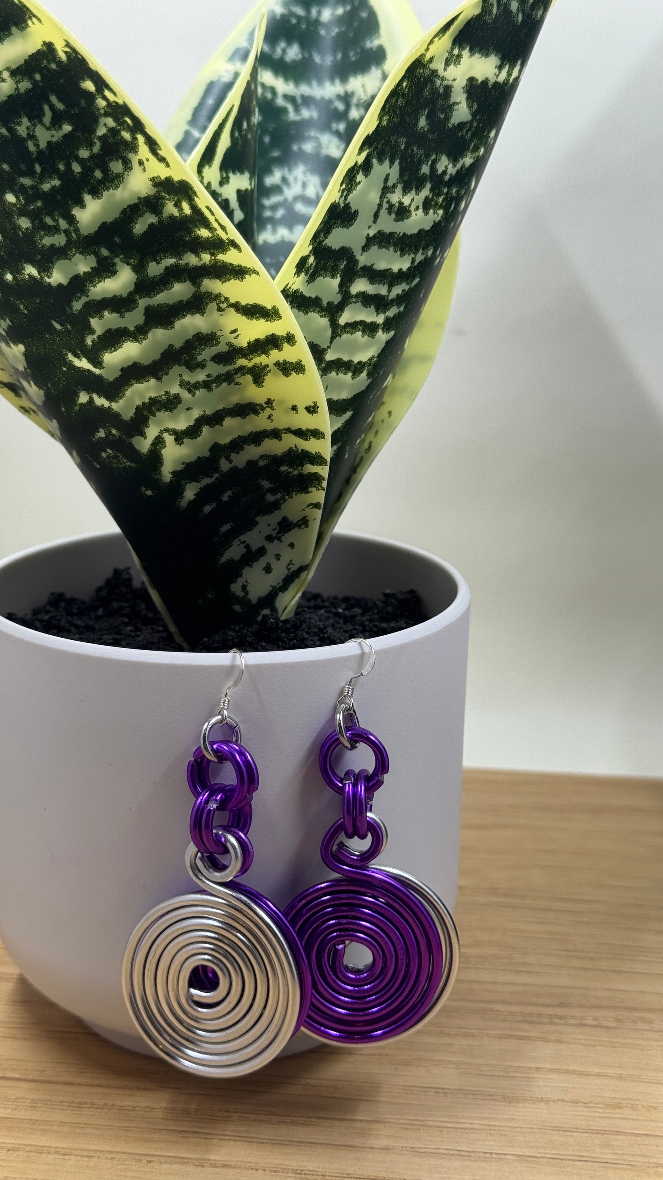 Silver and Purple Double Disk Earrings with Sterling Silver Ear Wires