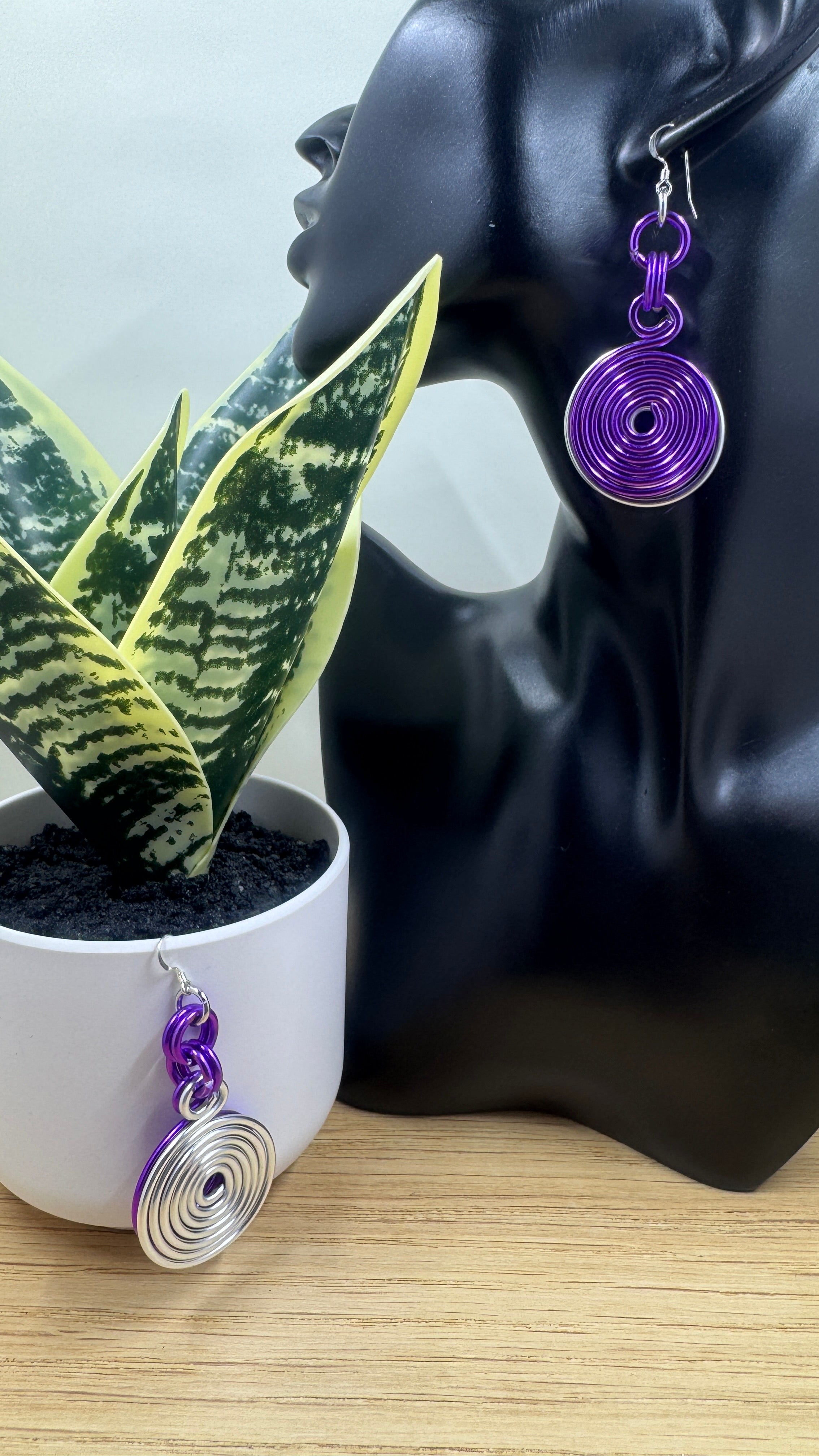Silver and Purple Double Disk Earrings with Sterling Silver Ear Wires