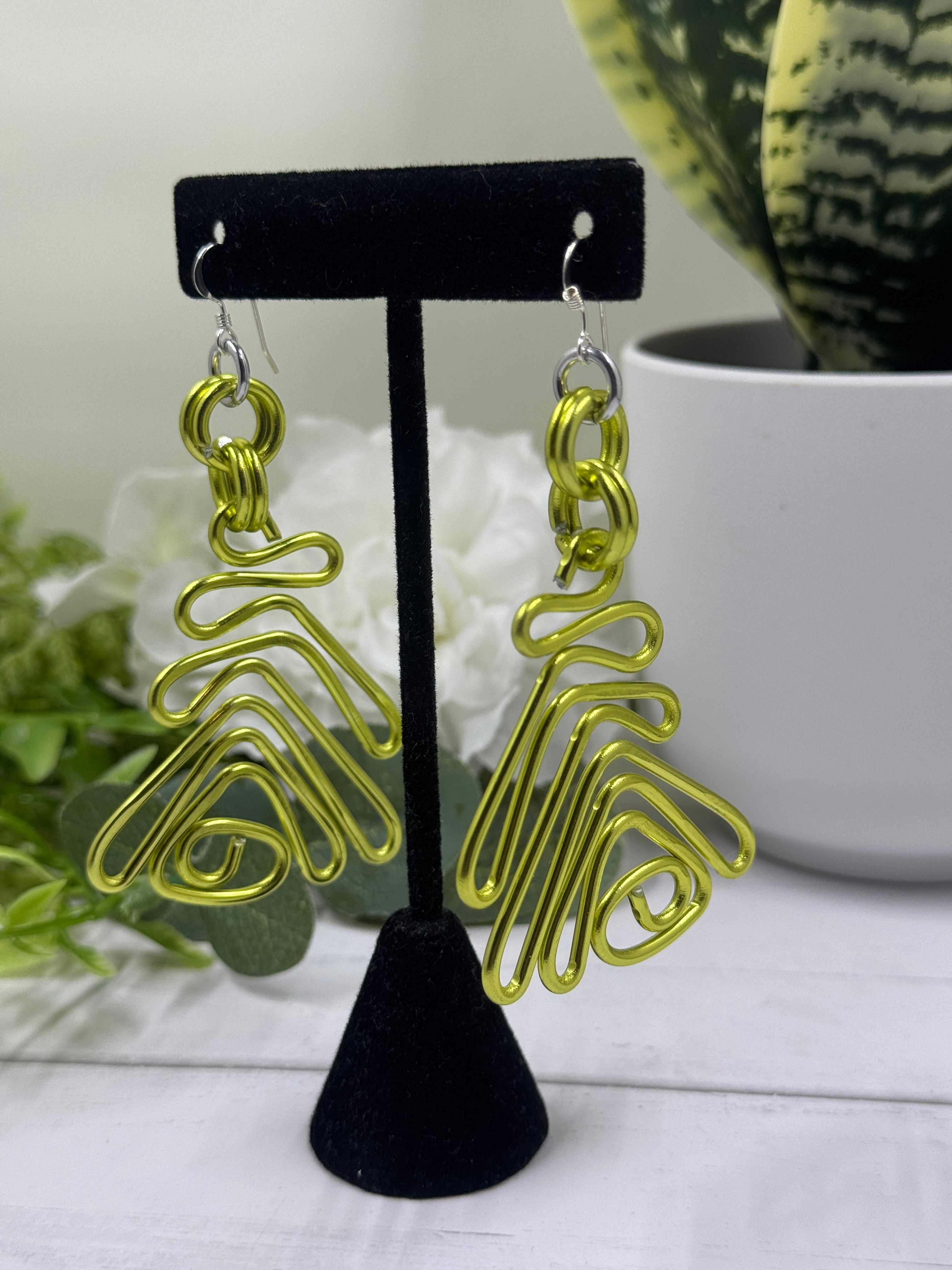Tribal Light Green Aluminum Wire Earrings with Sterling Silver Ear Wire
