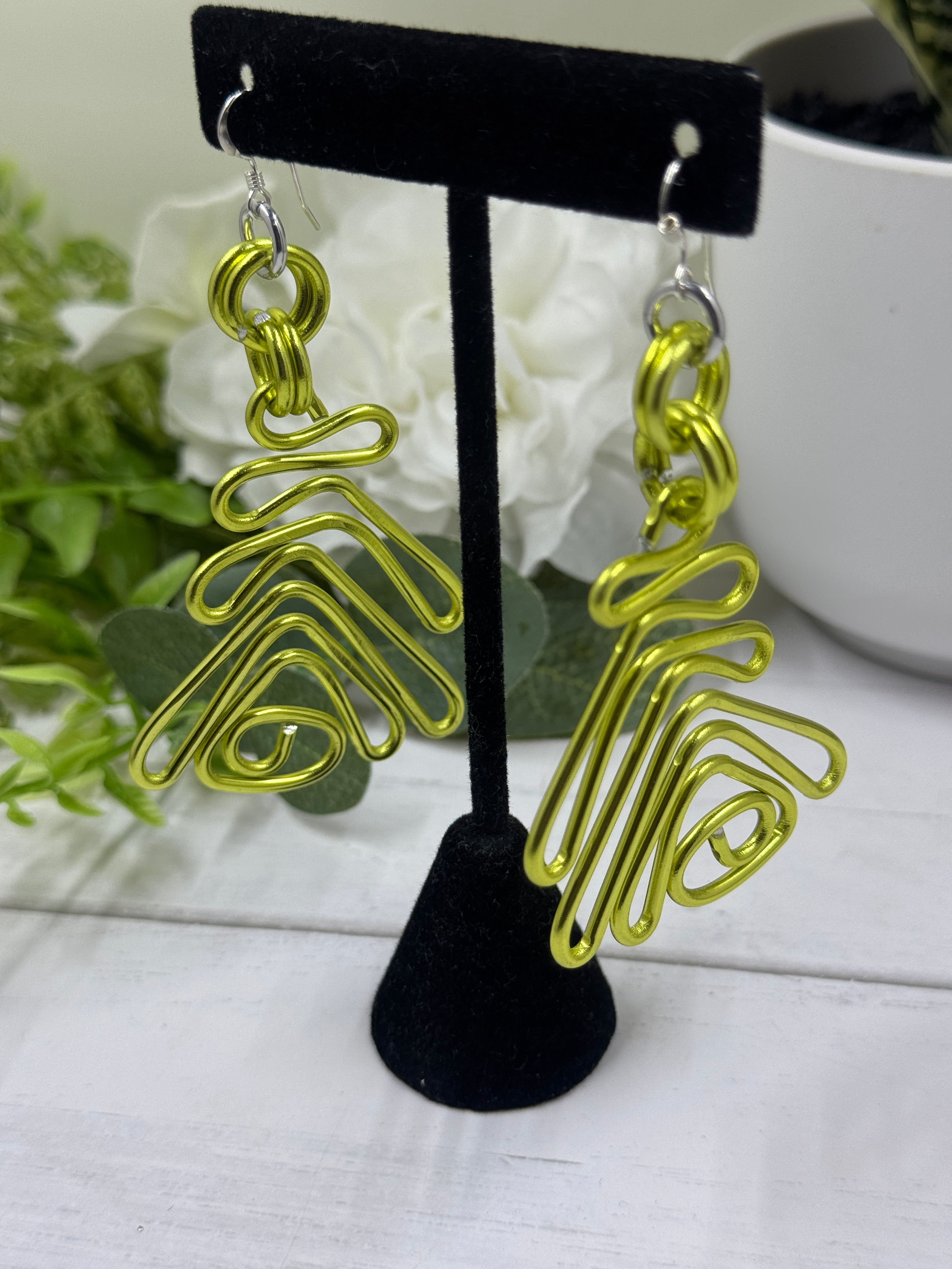 Tribal Light Green Aluminum Wire Earrings with Sterling Silver Ear Wire