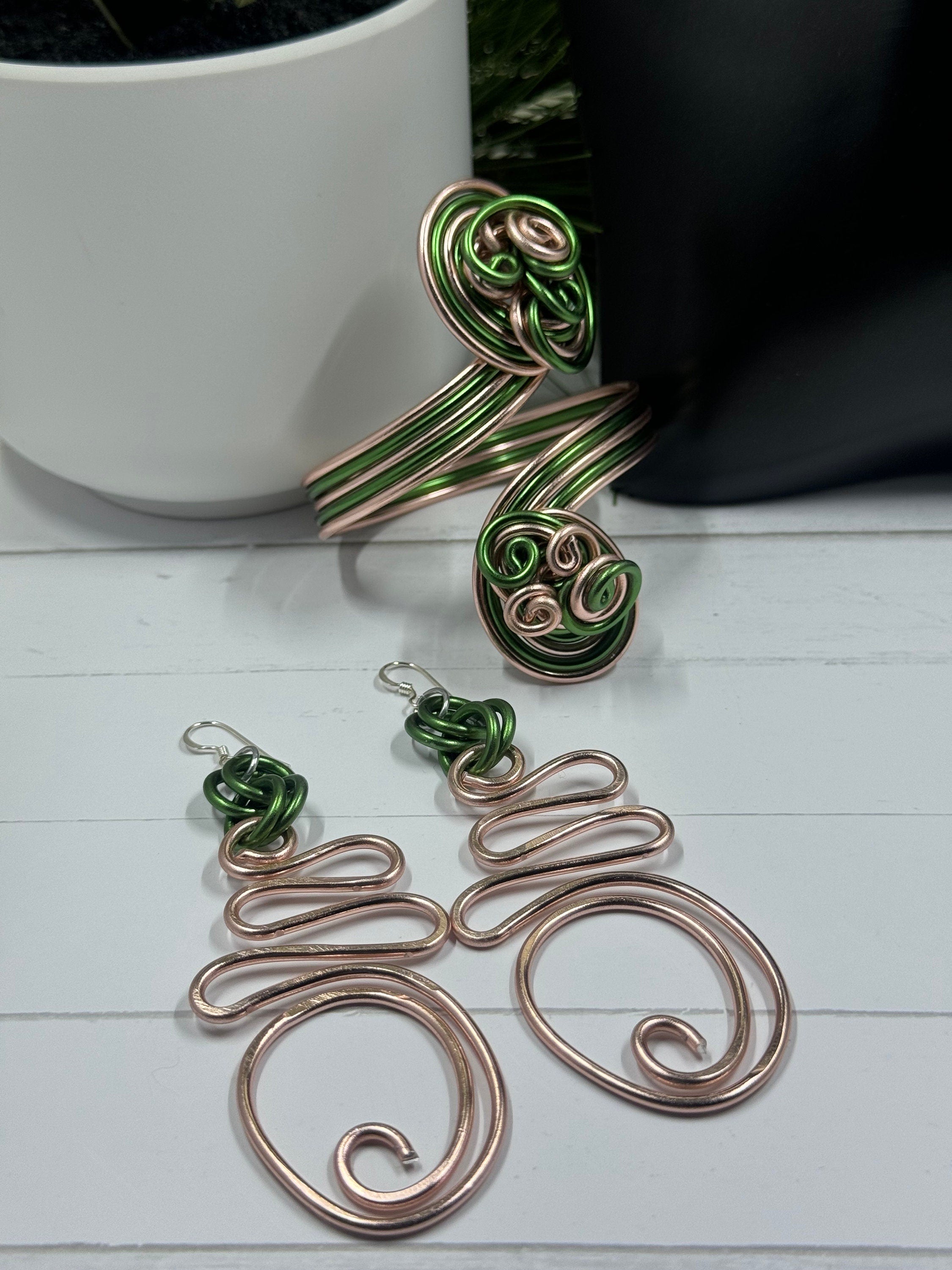 Abstract Pink and Green AKA Wire Earrings with sterling silver ear wire