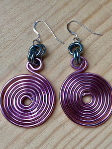 Round Pink & Grey Aluminum Earrings, Medium Circle Disk, sterling silver ear wire