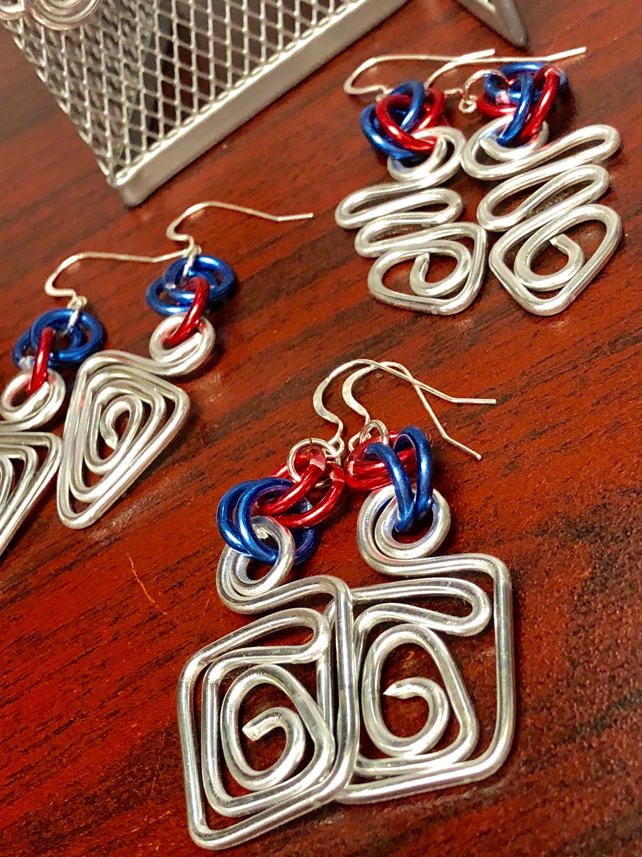 Small Square Silver Earrings with Red and Blue accents, Great for 4th of July