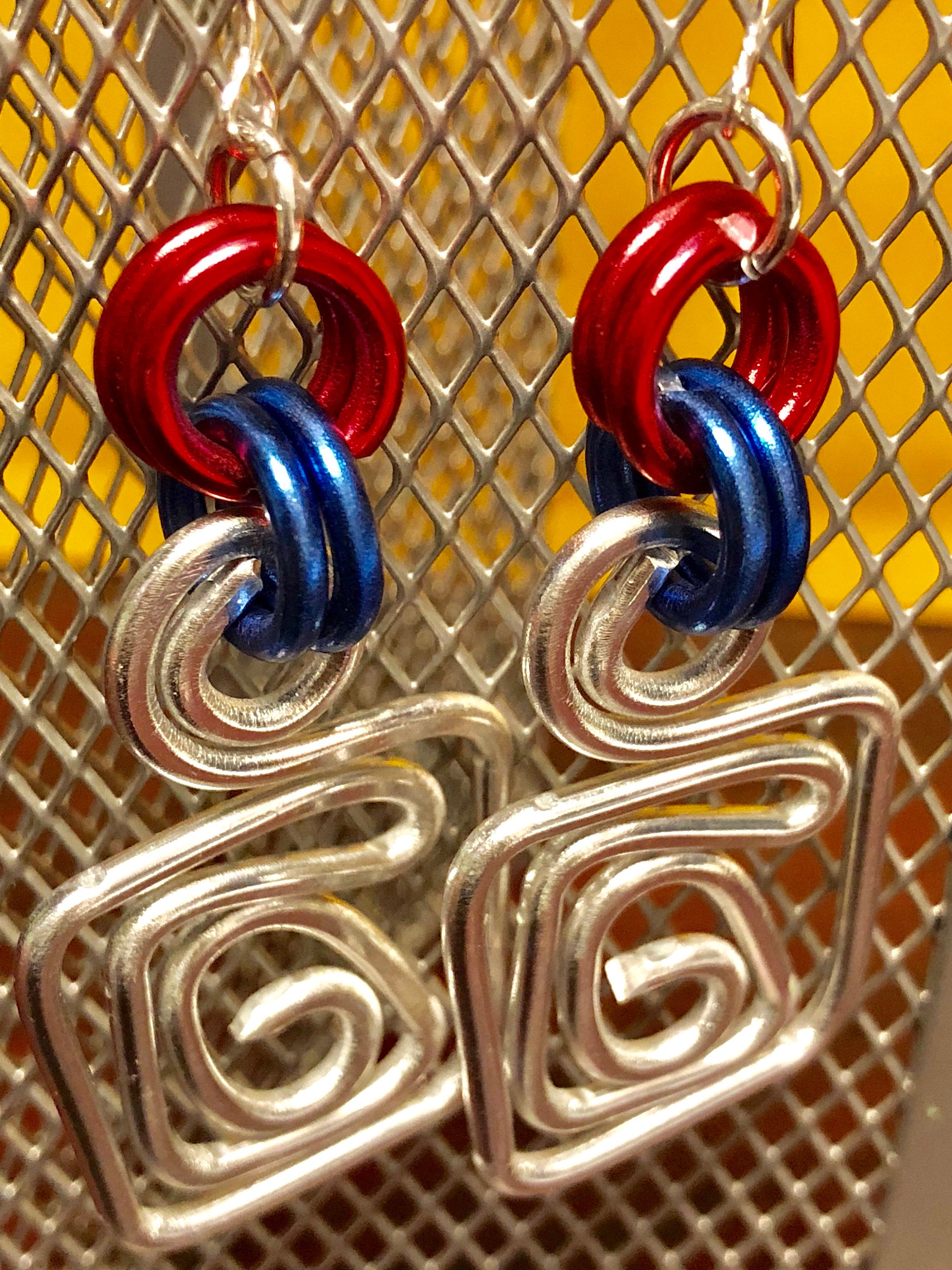 Small Square Silver Earrings with Red and Blue accents, Great for 4th of July