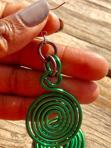 Round Green Earrings, light weight aluminum wire with sterling silver ear wire