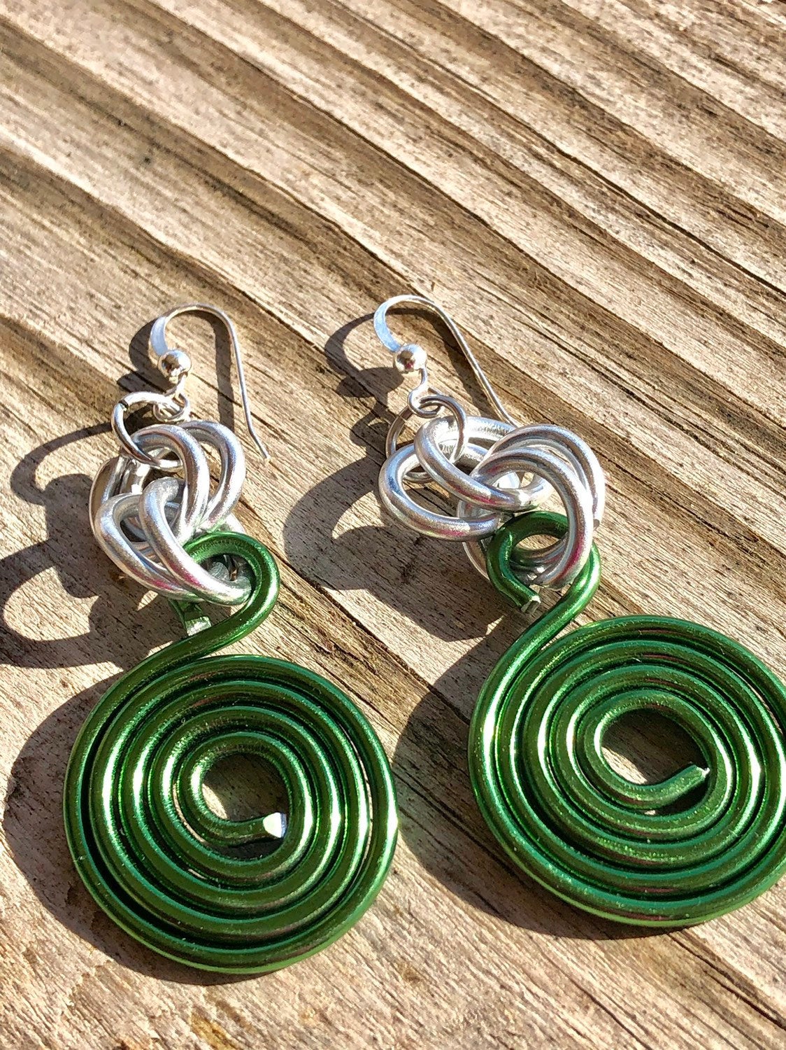Small Round Green Aluminum Wire Earrings with Sterling Silver Ear Wire