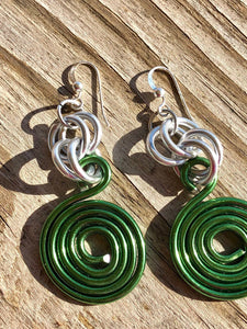 Small Round Green Aluminum Wire Earrings with Sterling Silver Ear Wire
